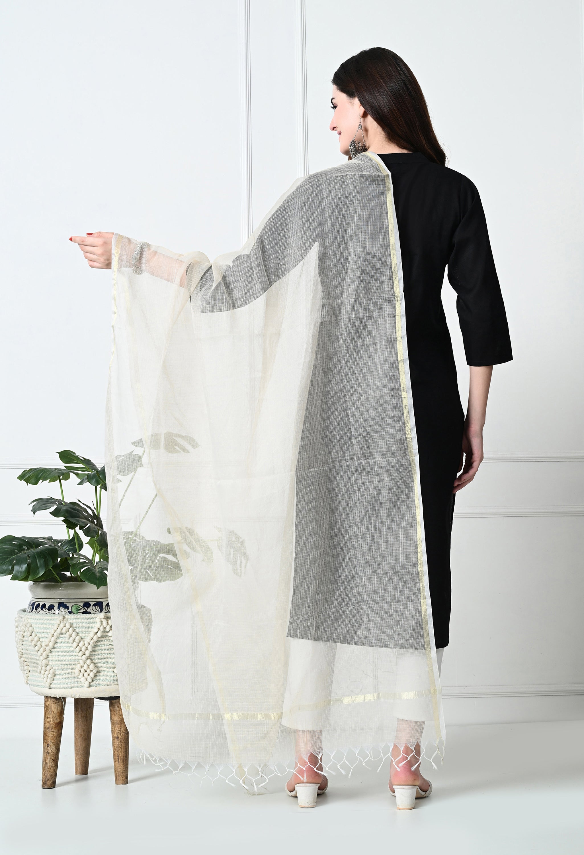 Ivory Cream Cotton Dupatta with Sheer Design