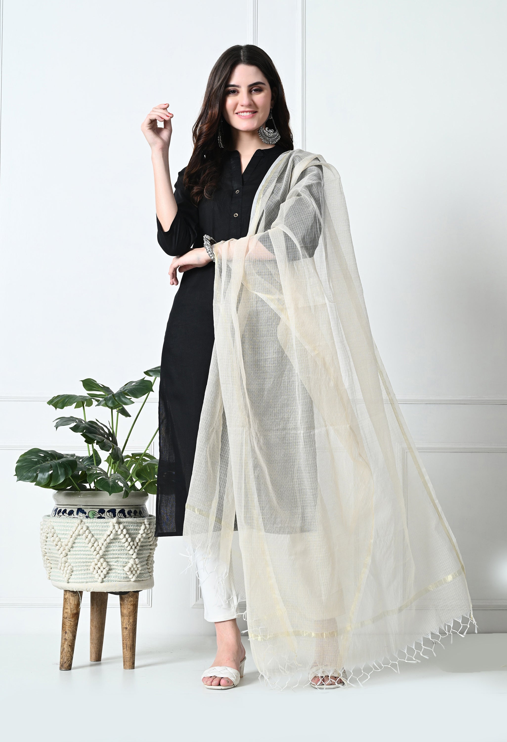 Ivory Cream Cotton Dupatta with Sheer Design