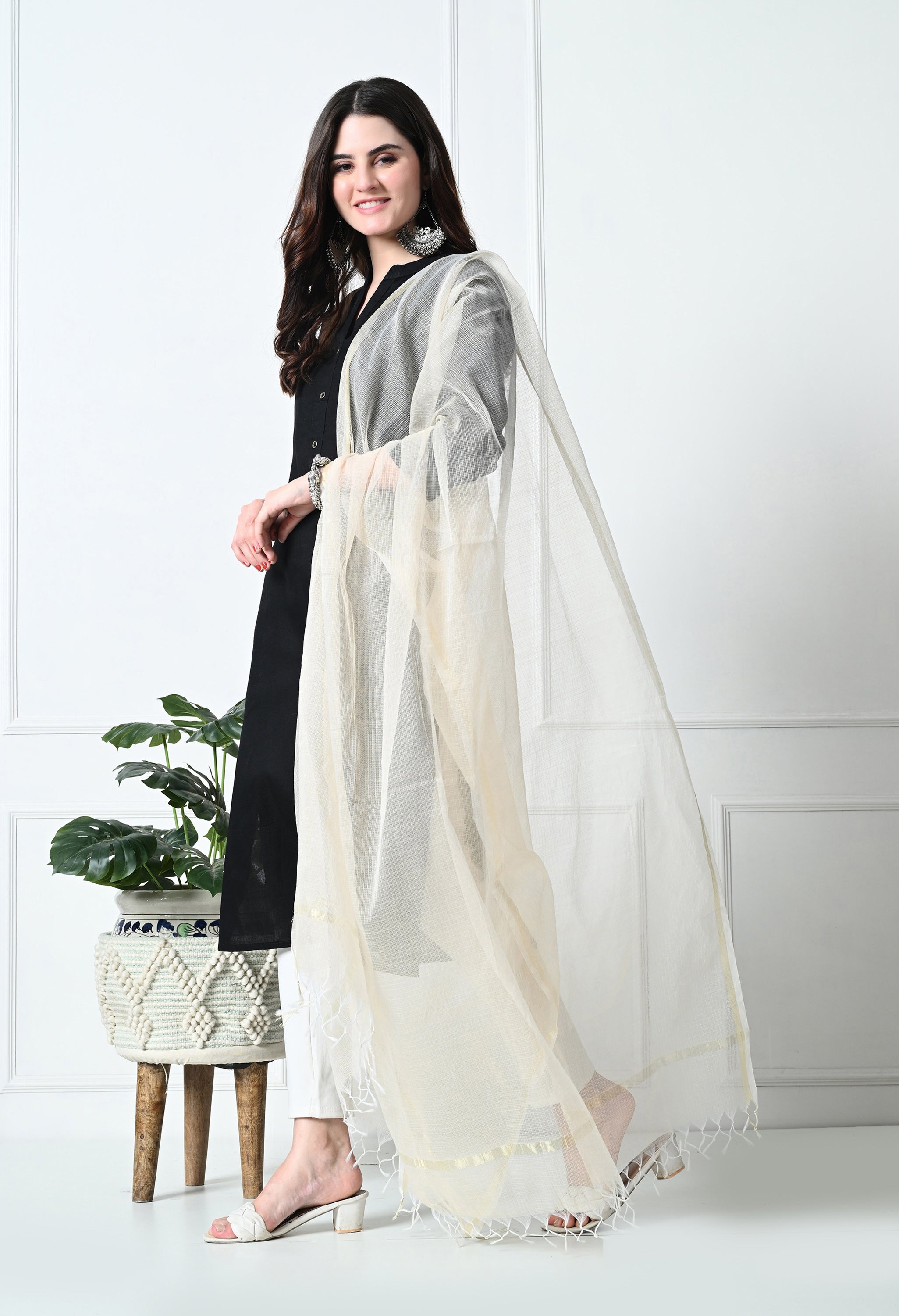 Ivory Cream Cotton Dupatta with Sheer Design