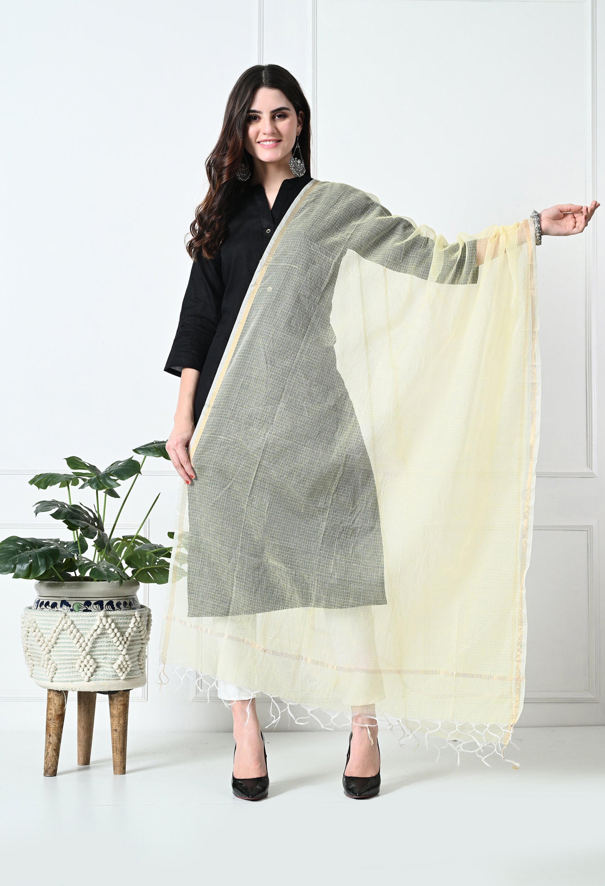 Yellow & Gold Kota Doria Cotton Dupatta