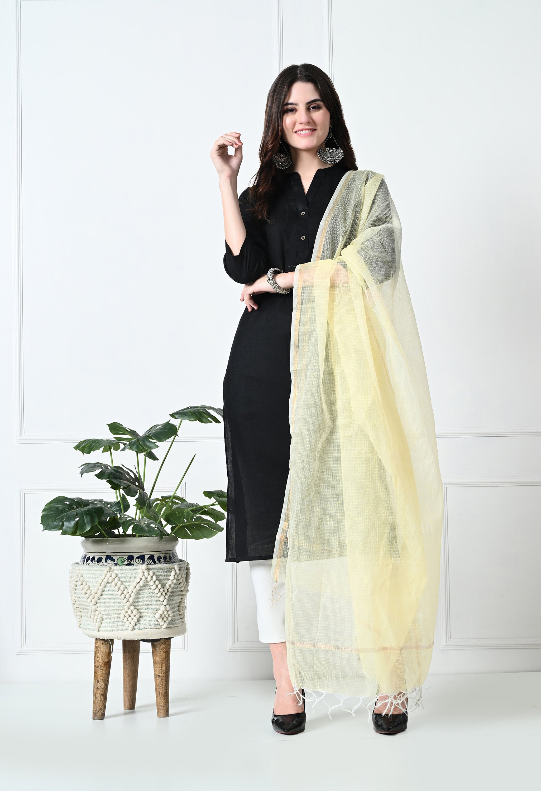 Yellow & Gold Kota Doria Cotton Dupatta