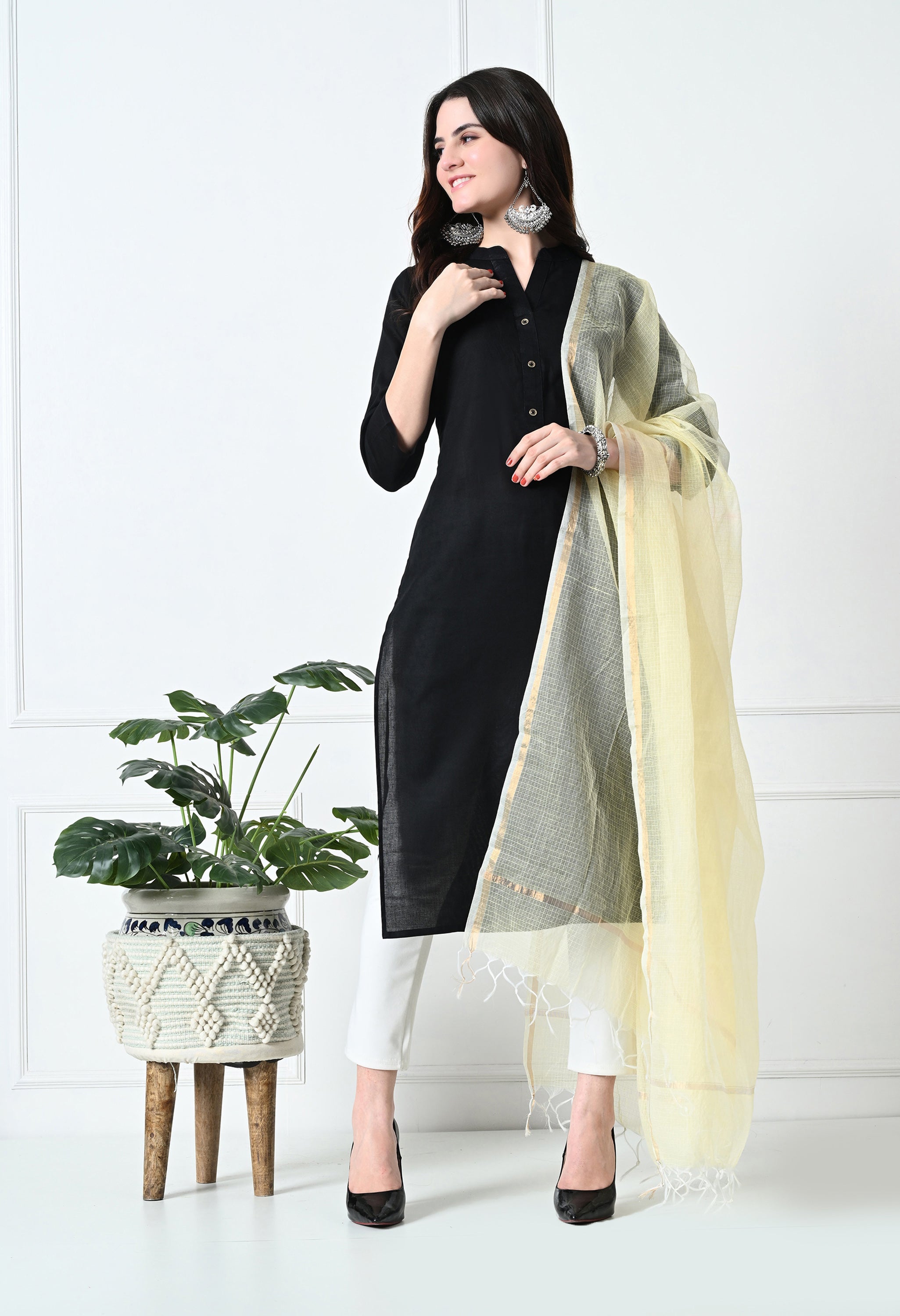 Yellow & Gold Kota Doria Cotton Dupatta