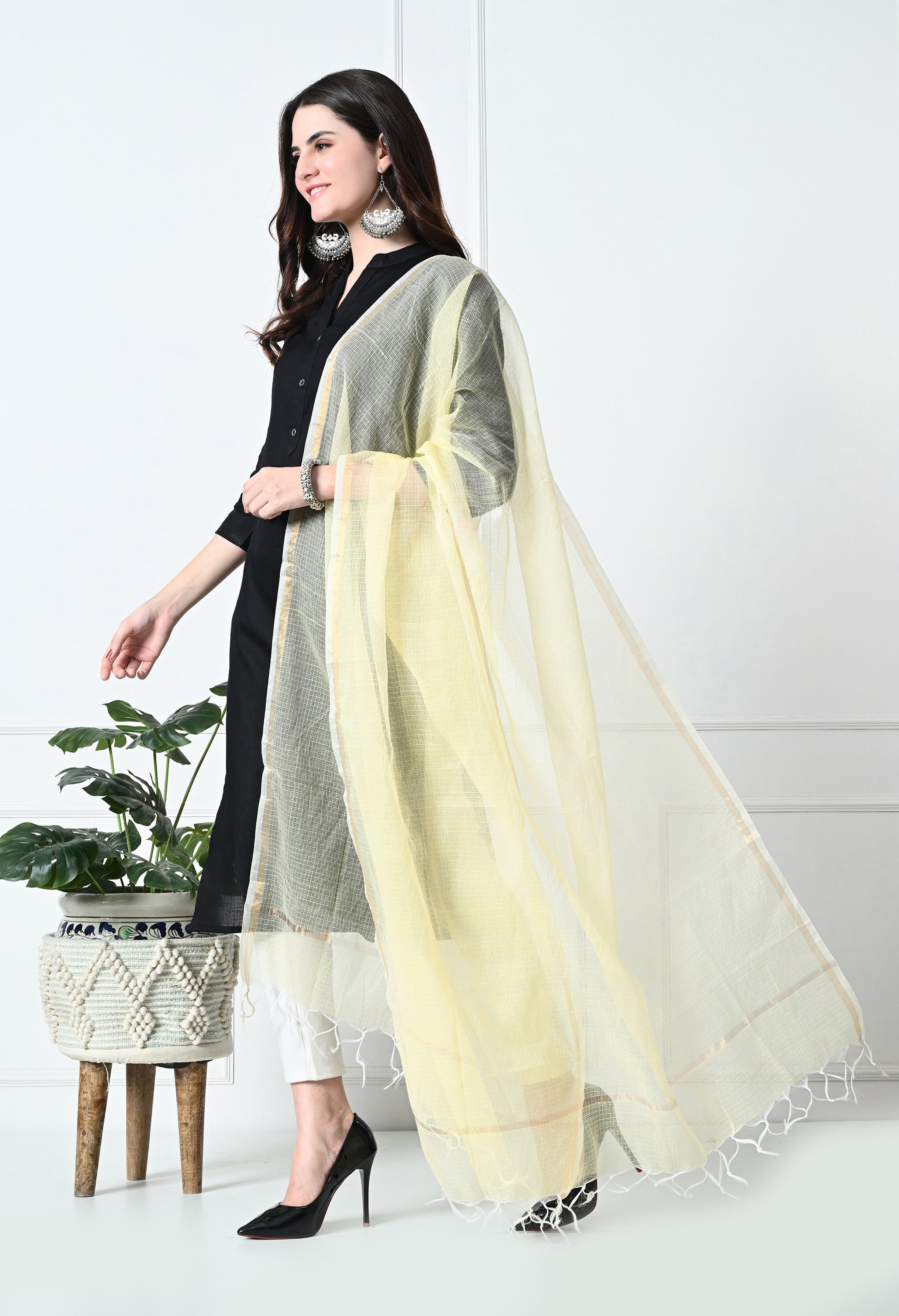 Yellow & Gold Kota Doria Cotton Dupatta