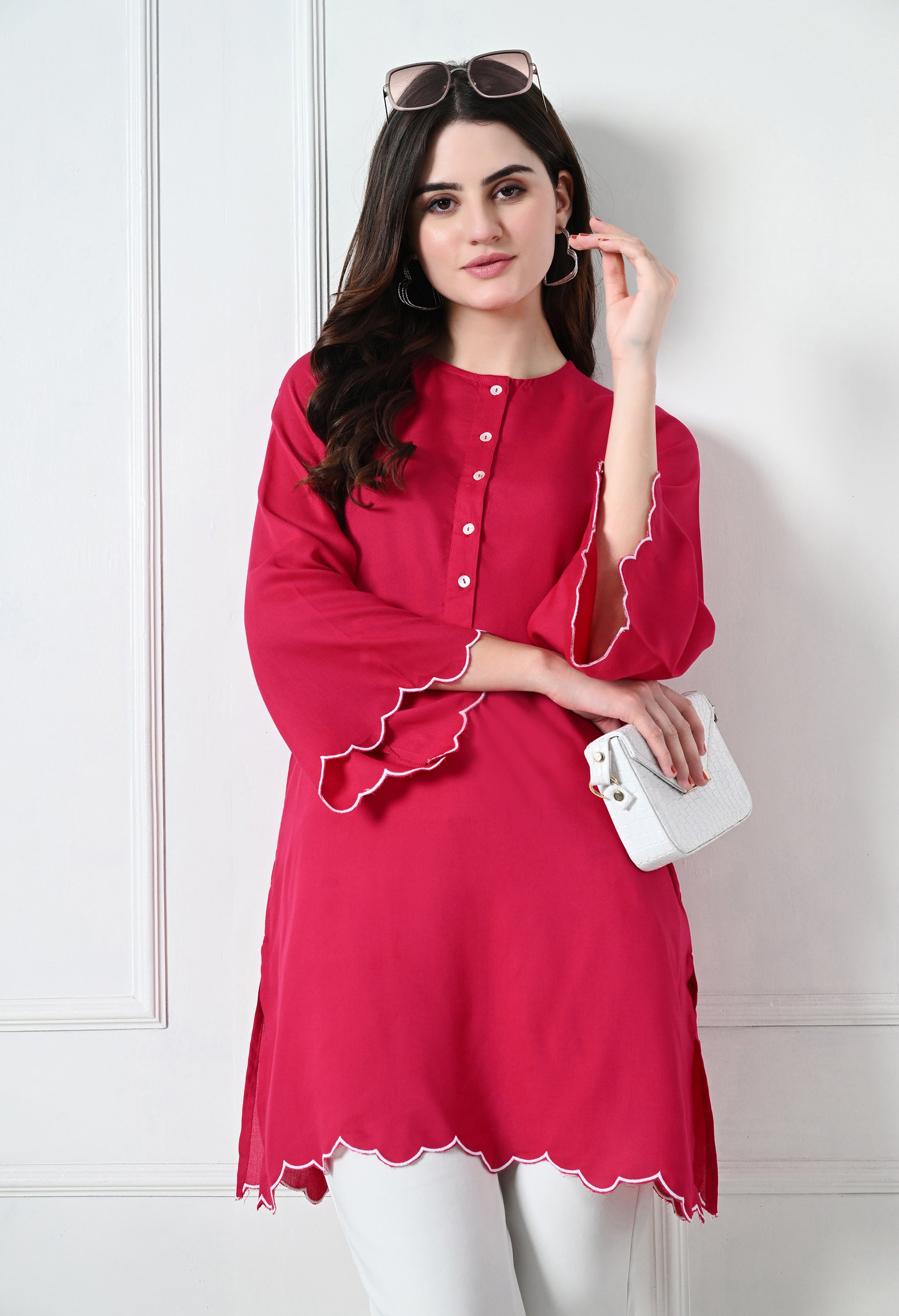 Fuschia Pink Rayon Short Kurtis (with Pocket)