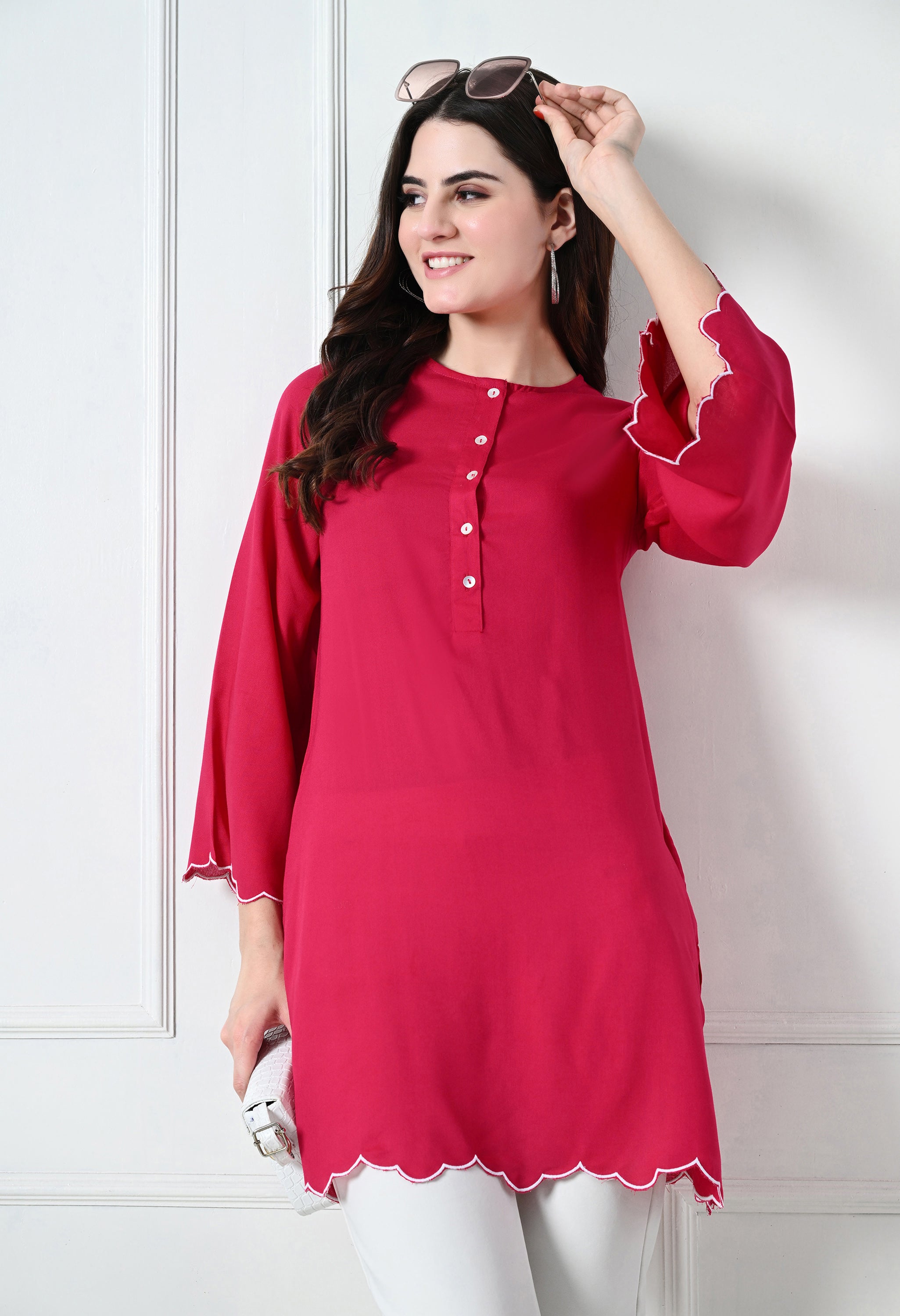 Fuschia Pink Rayon Short Kurtis (with Pocket)