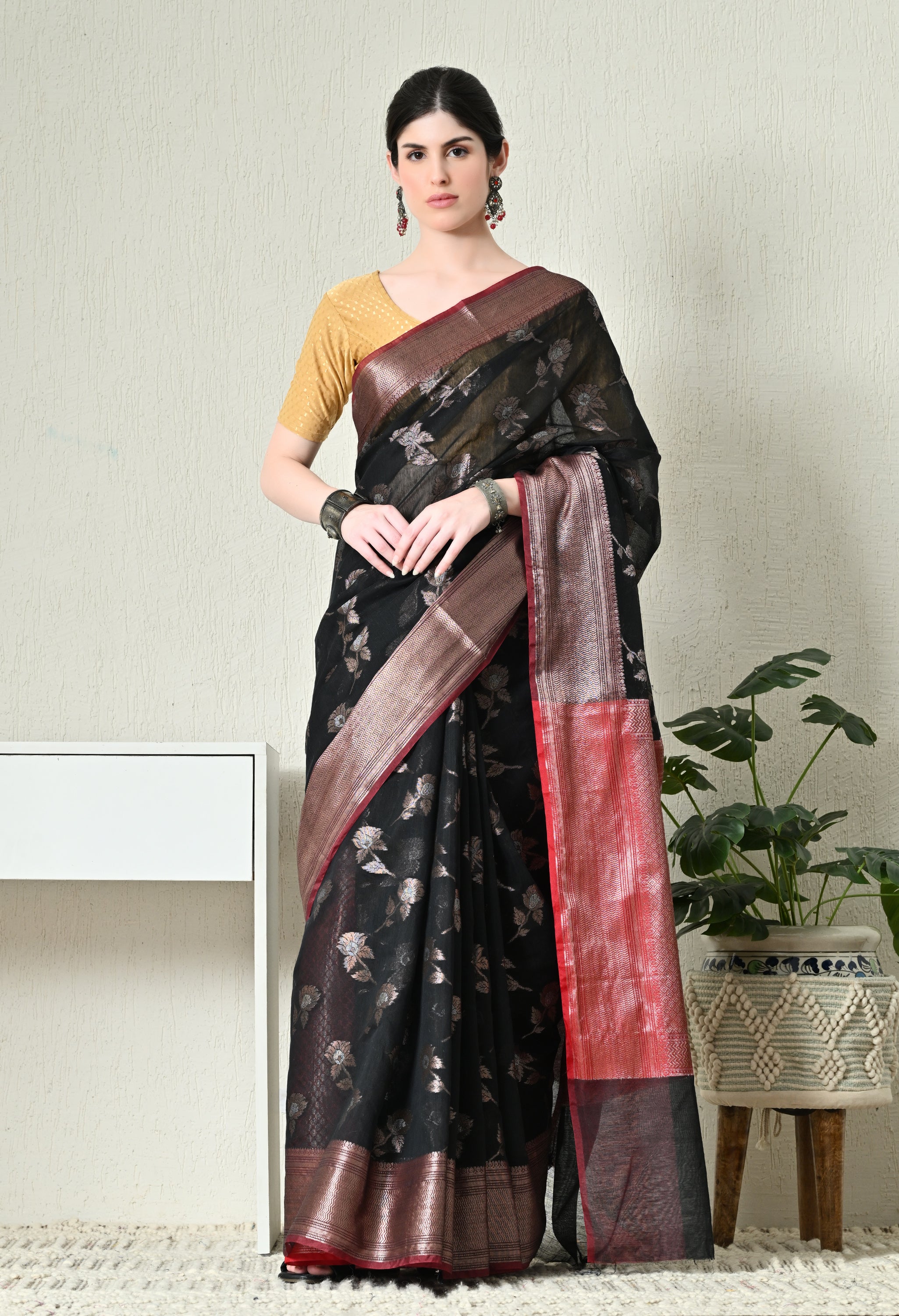 Midnight Black Cotton Saree with Zari Work