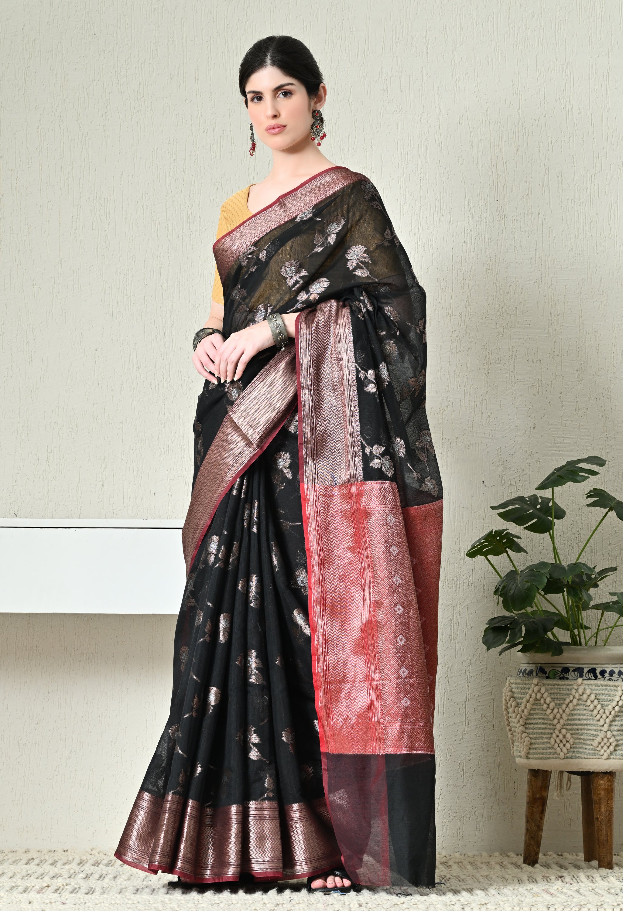 Midnight Black Cotton Saree with Zari Work