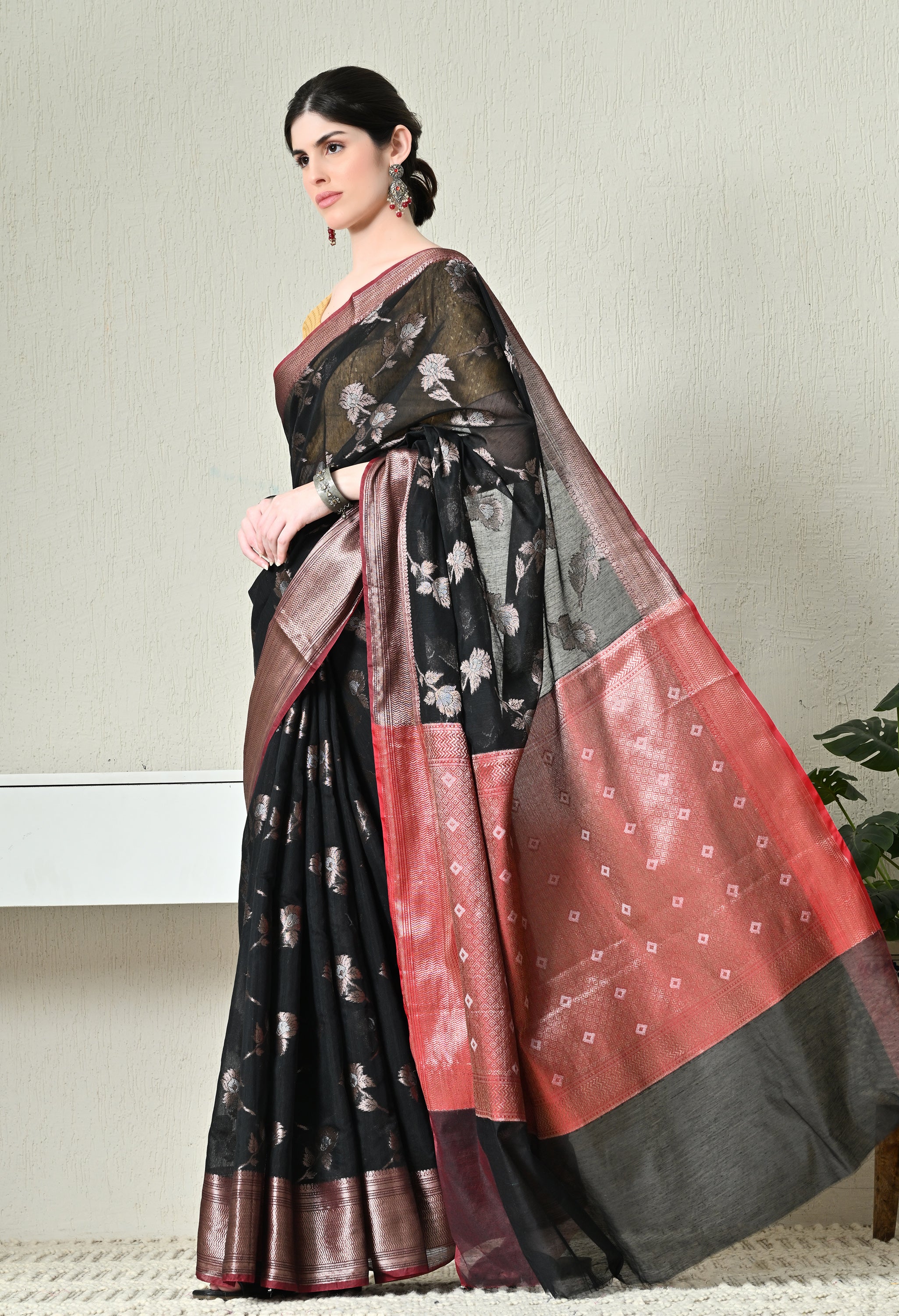 Midnight Black Cotton Saree with Zari Work