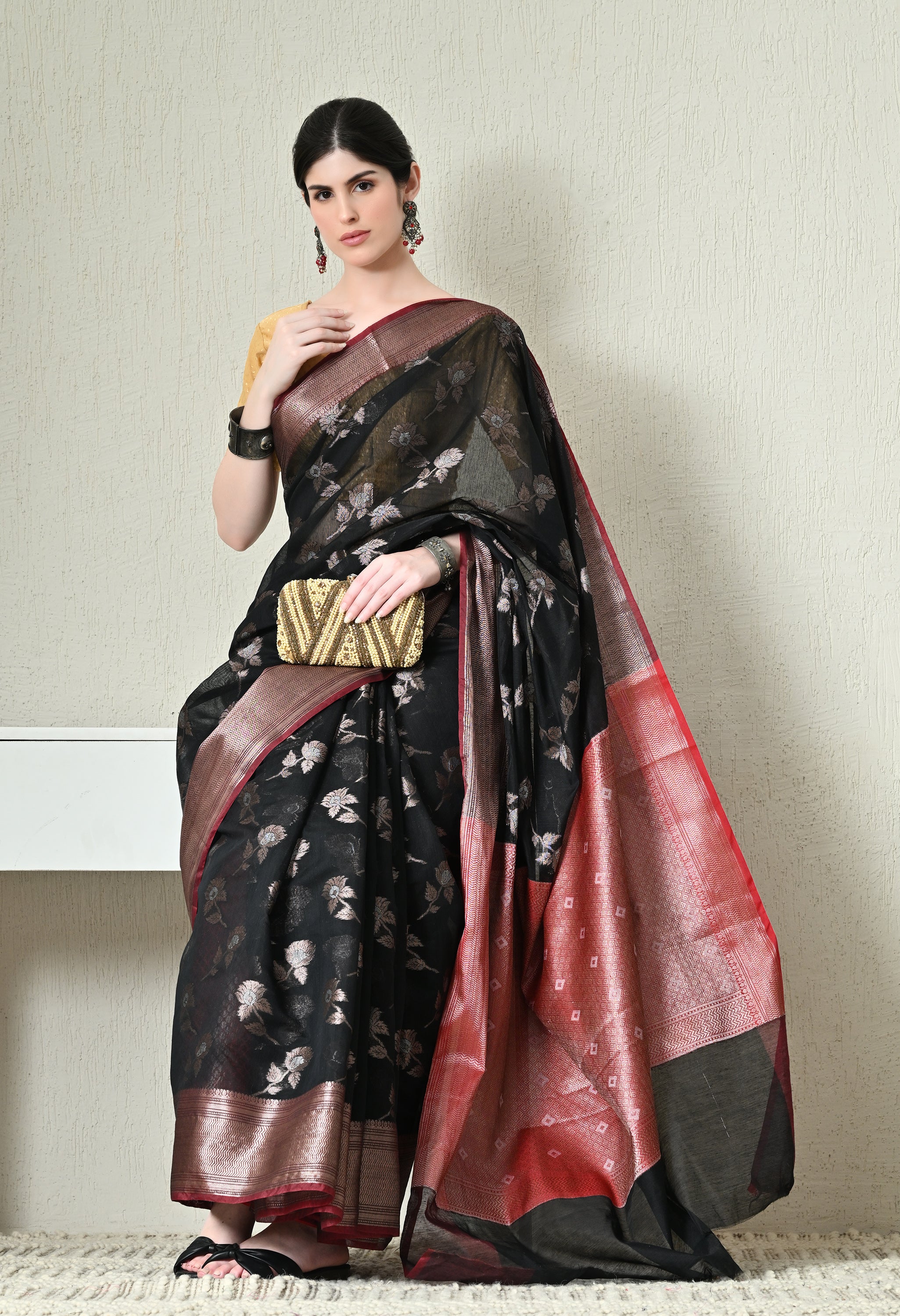 Midnight Black Cotton Saree with Zari Work