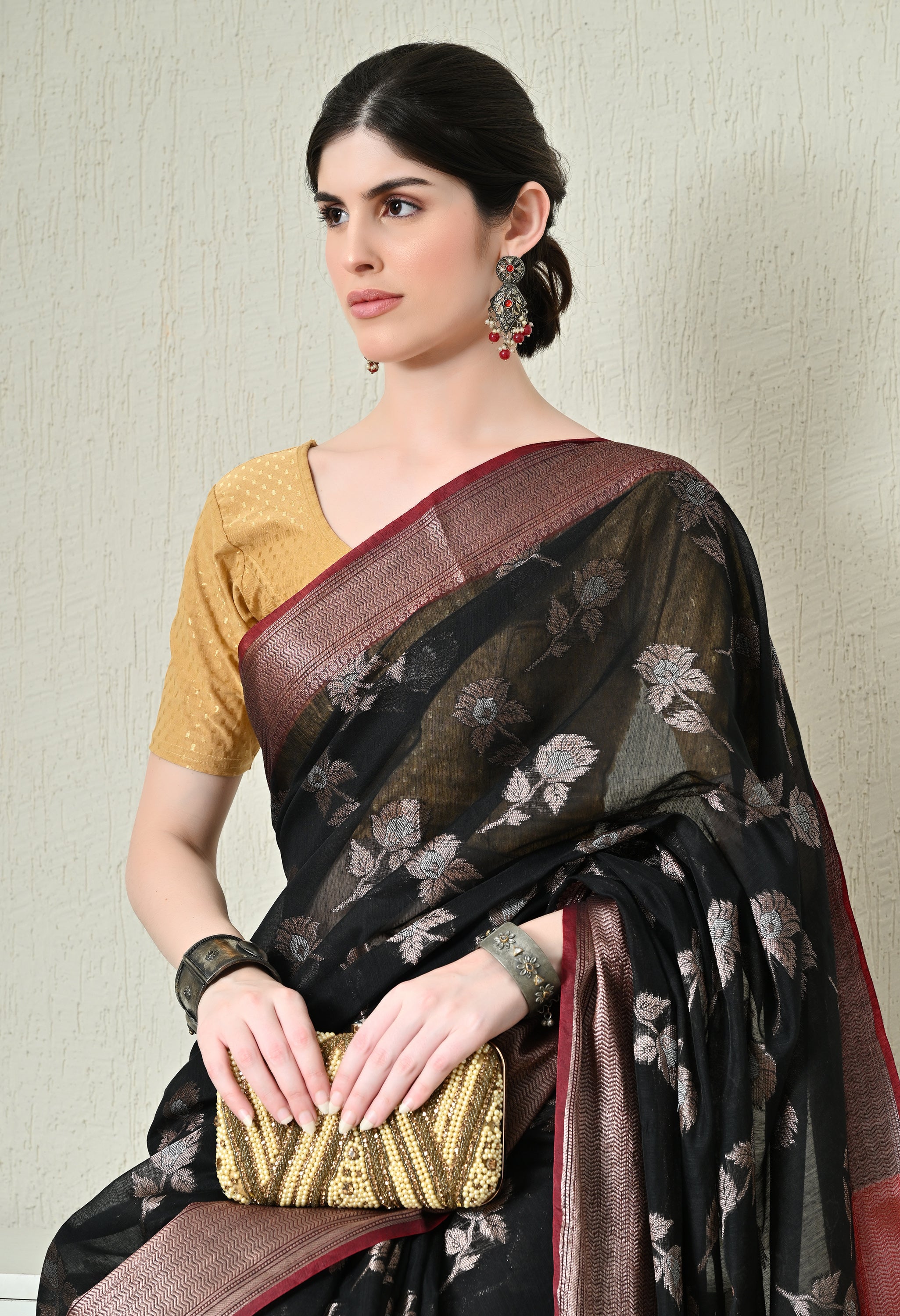 Midnight Black Cotton Saree with Zari Work