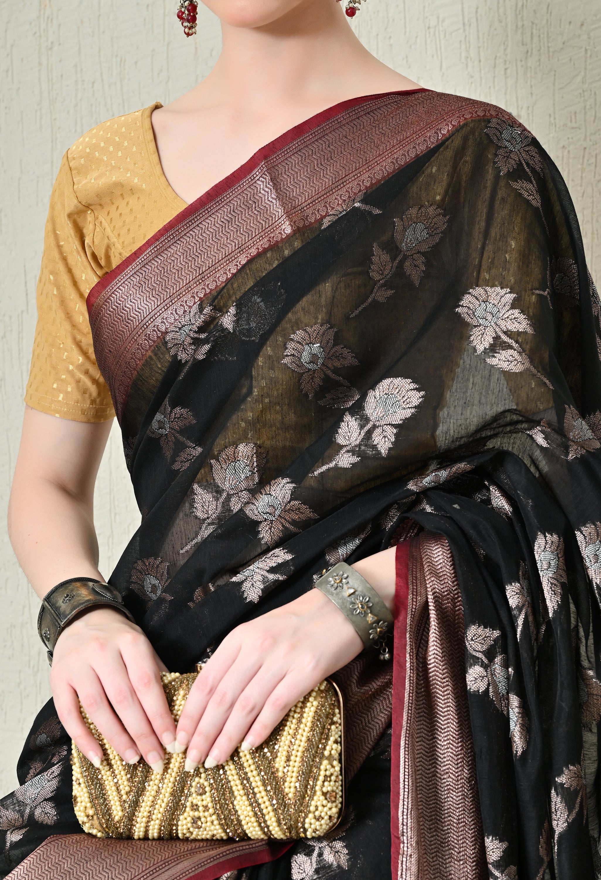 Midnight Black Cotton Saree with Zari Work