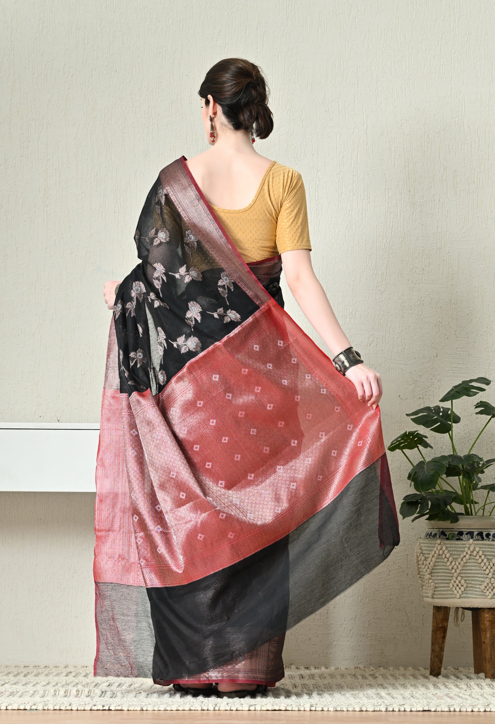 Midnight Black Cotton Saree with Zari Work