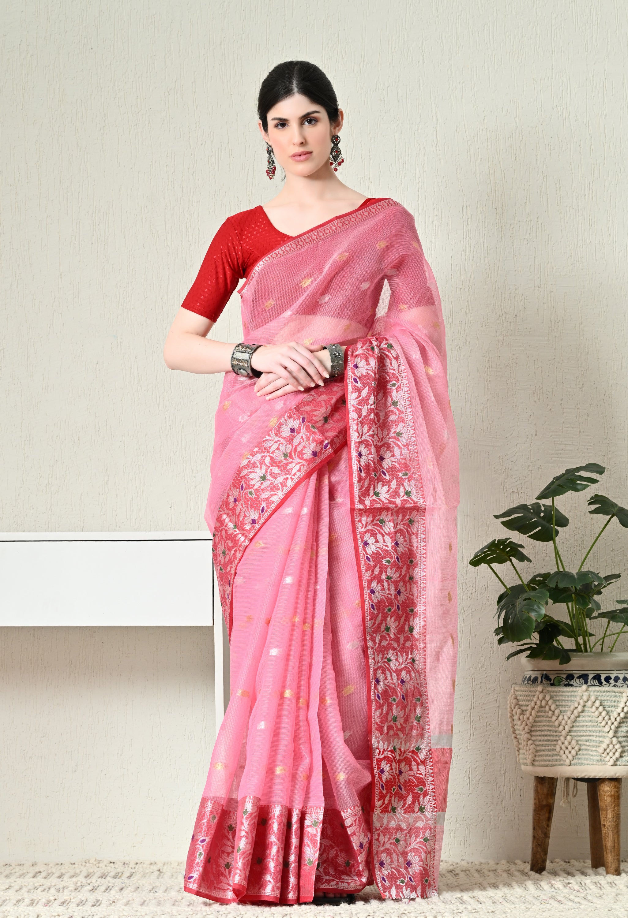 Pink Kota Doria With Red Border Saree