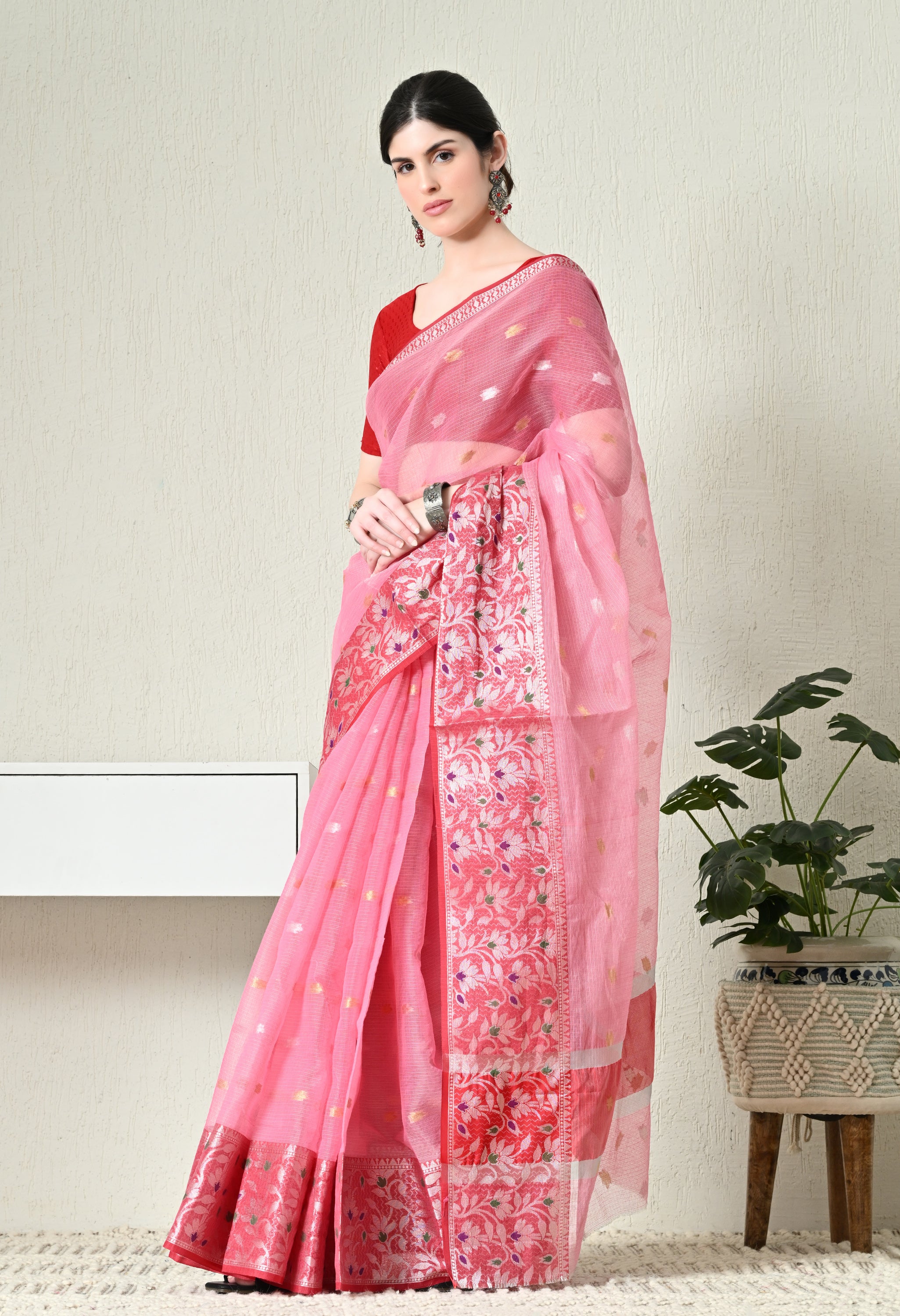 Pink Kota Doria With Red Border Saree