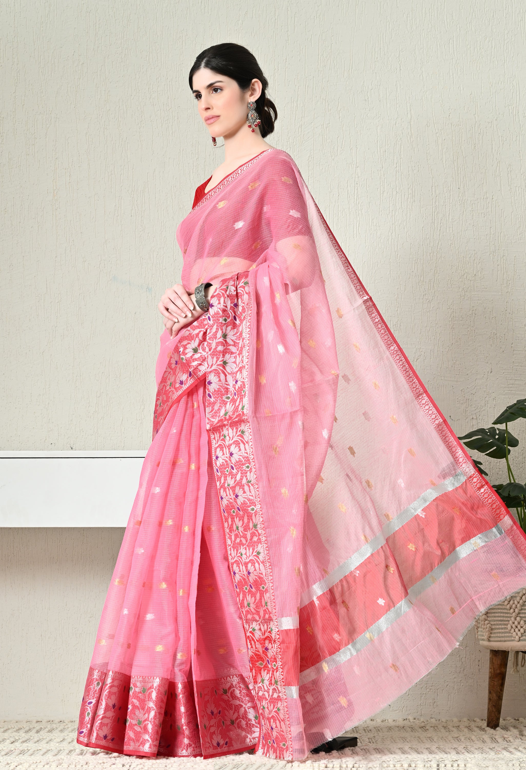 Pink Kota Doria With Red Border Saree