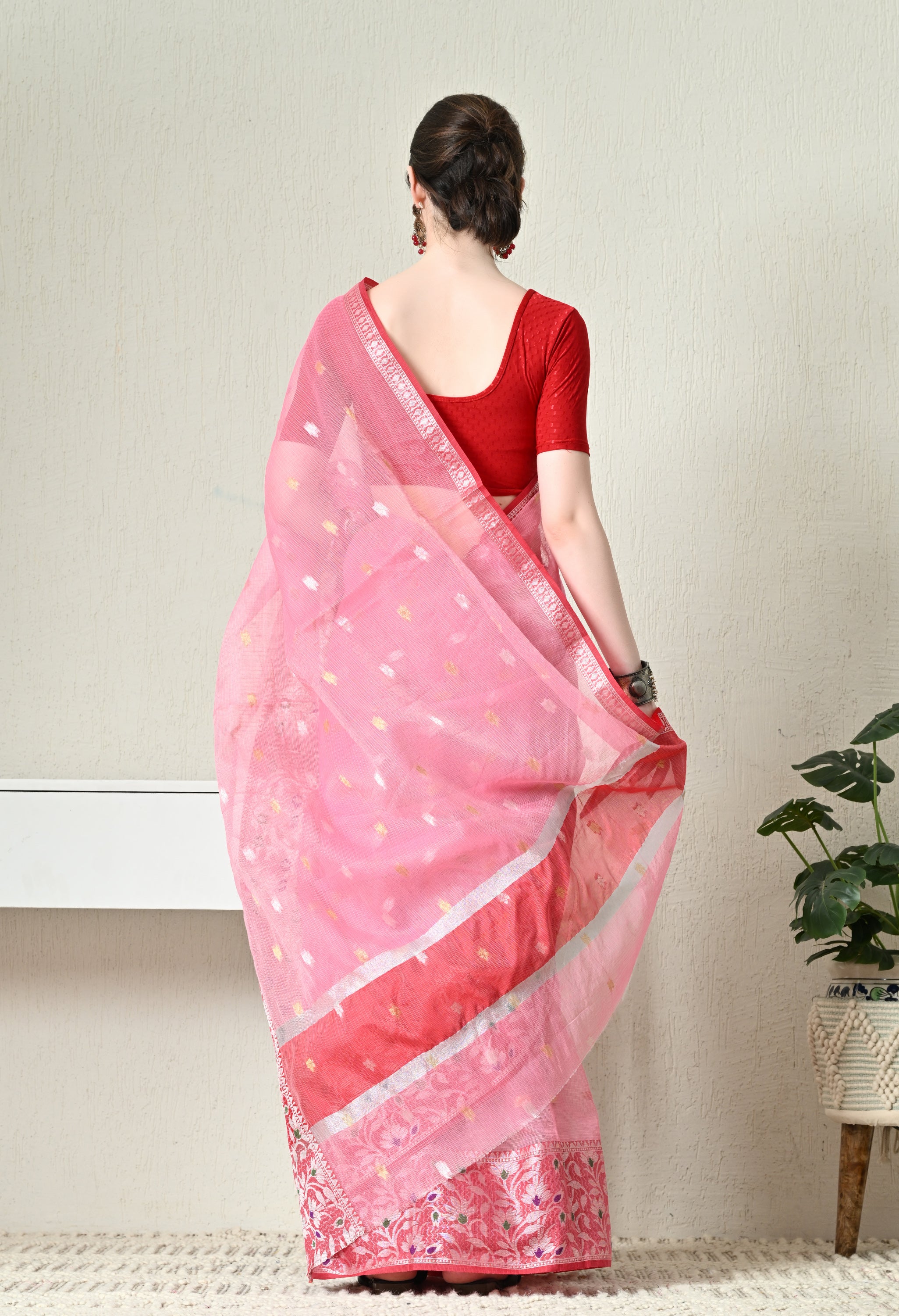 Pink Kota Doria With Red Border Saree