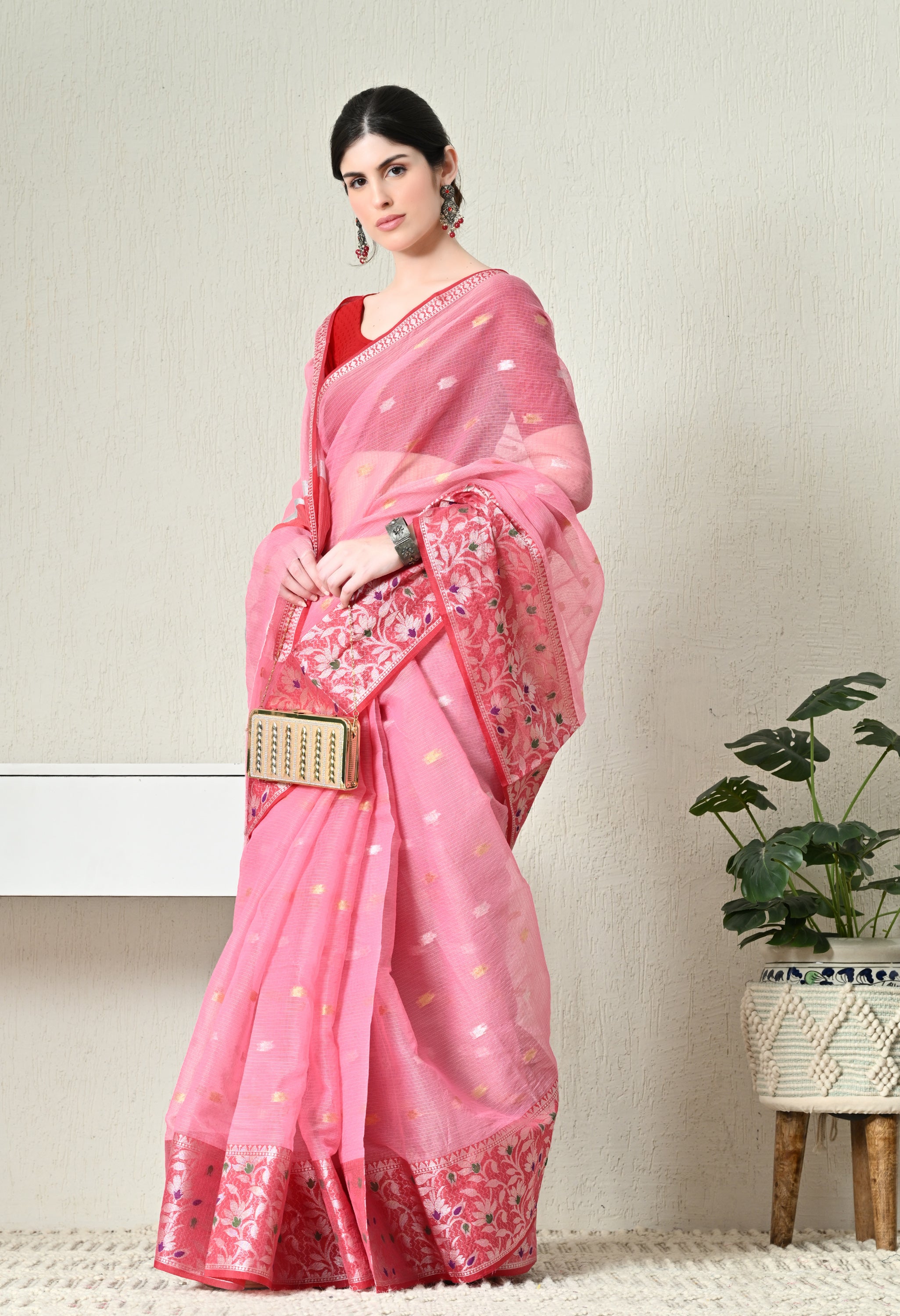 Pink Kota Doria With Red Border Saree