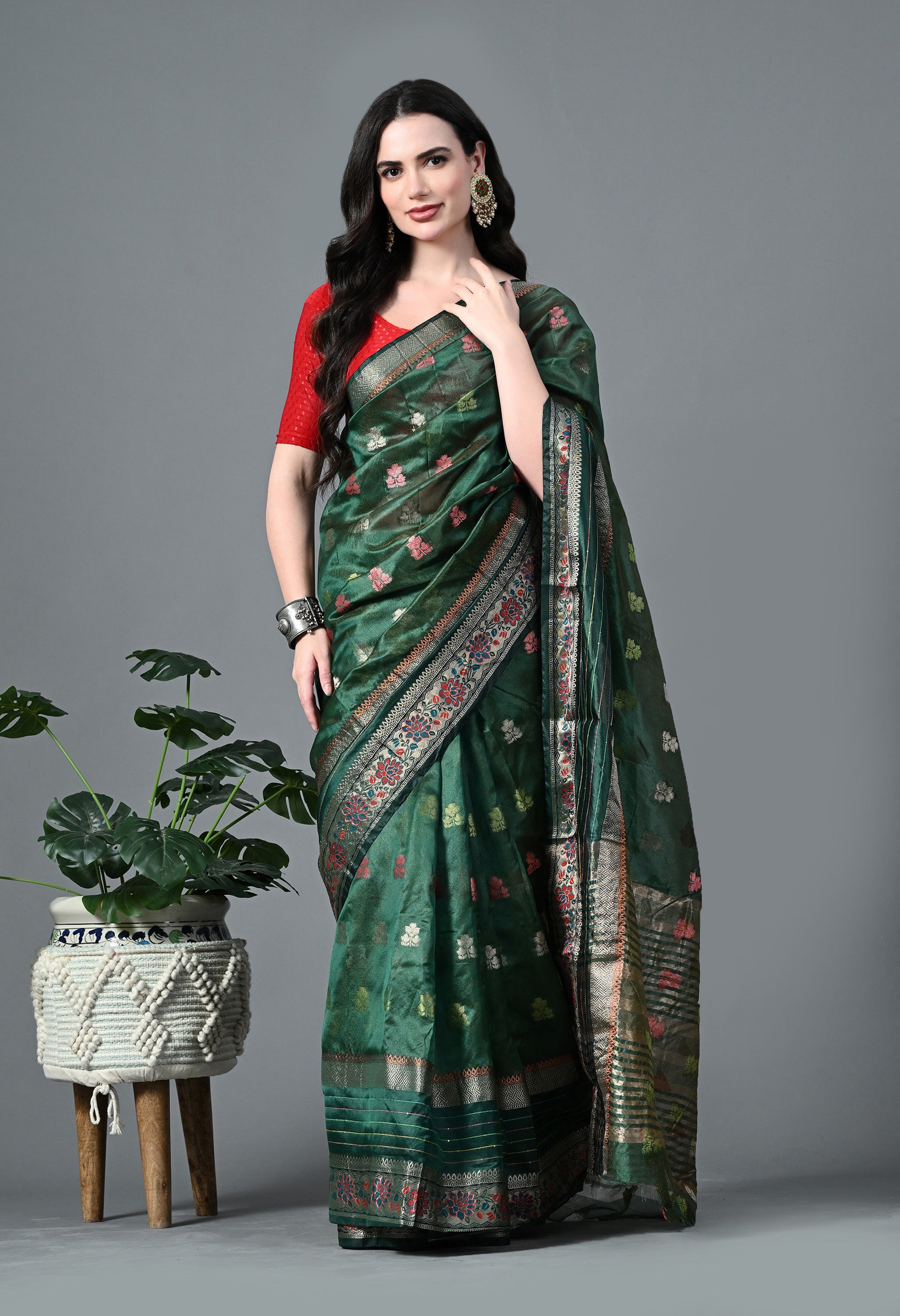 Forest Green Organza with Floral Motifs & Golden Zari Border