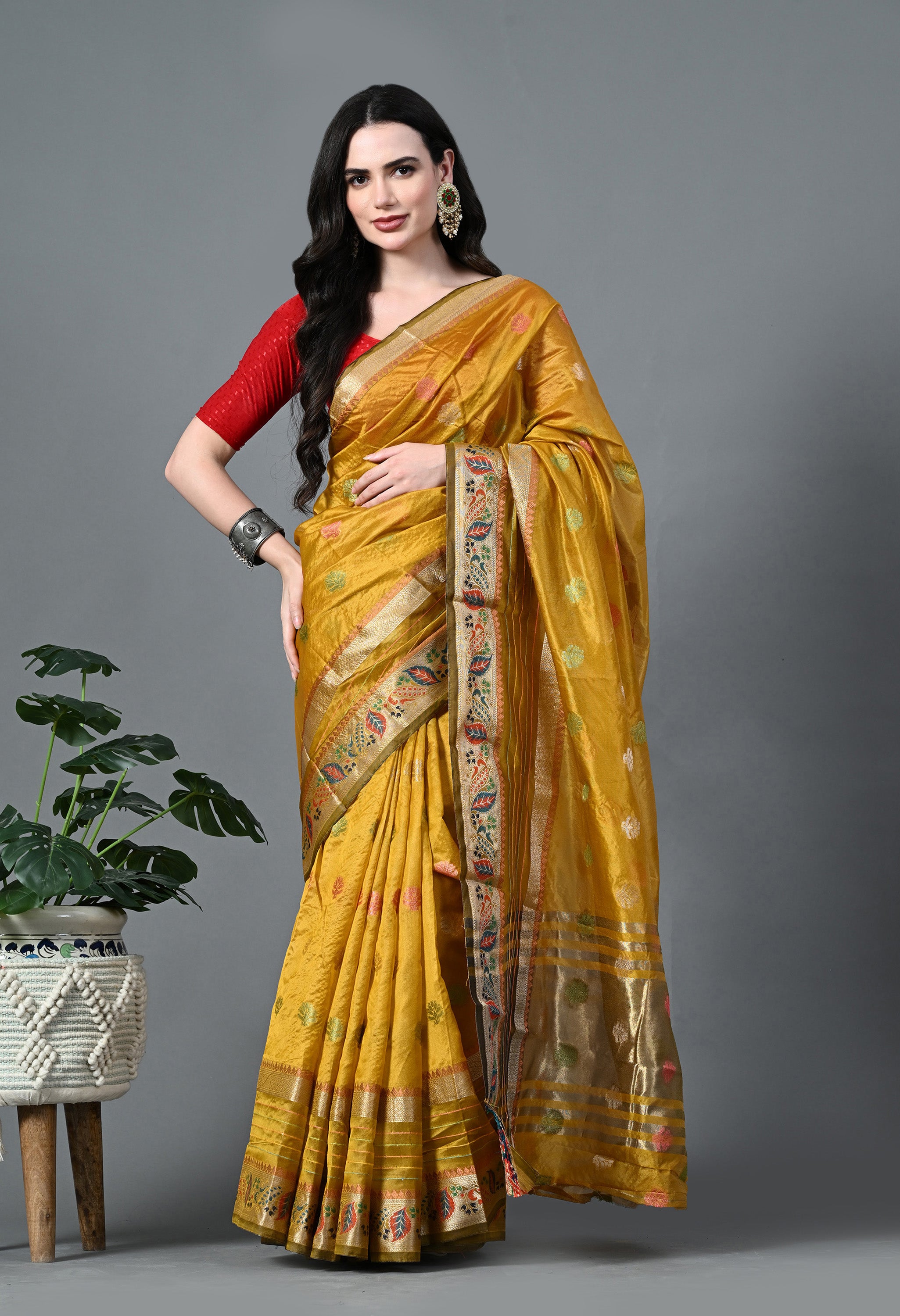 Yellow Woven Organza Saree