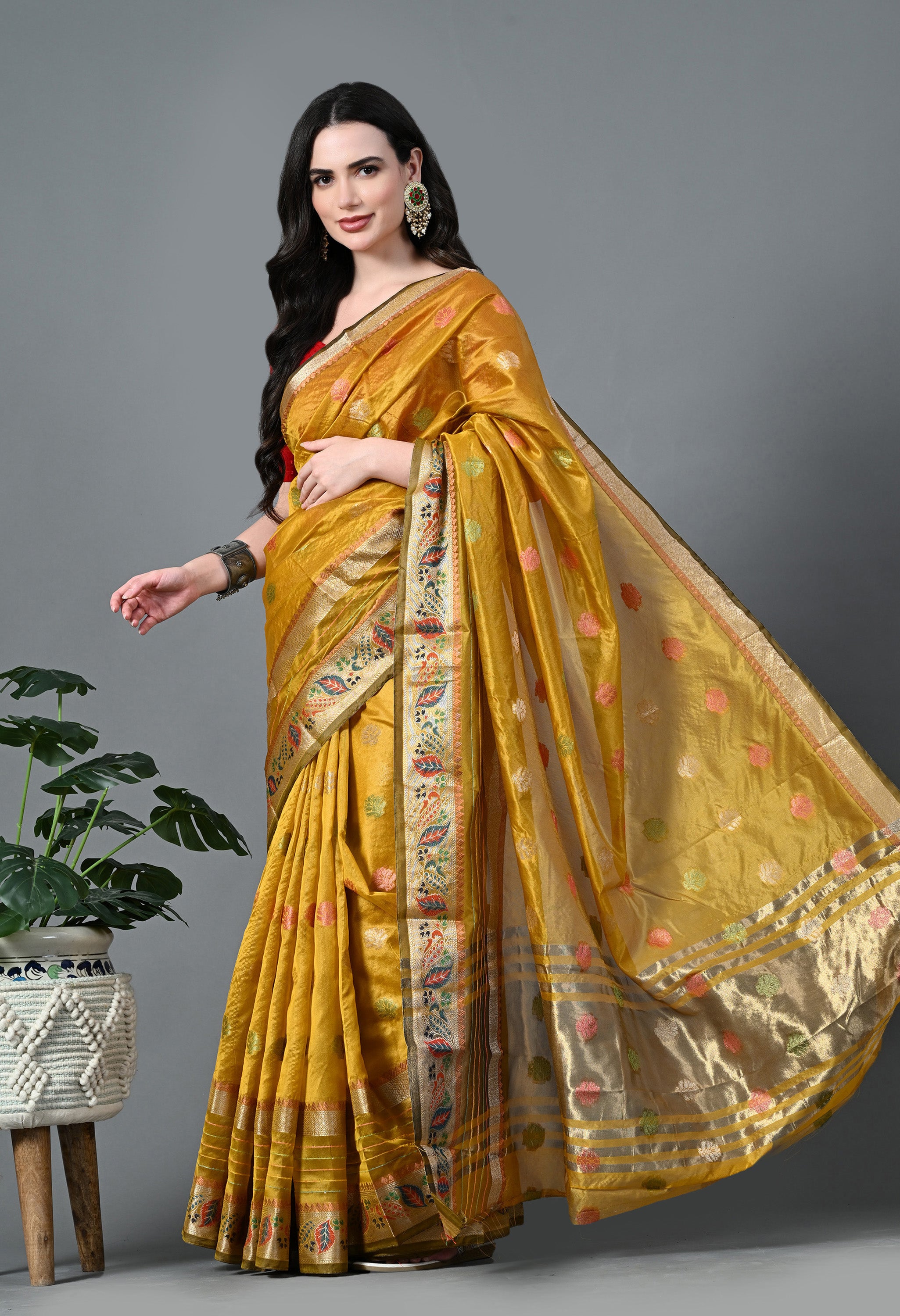 Yellow Woven Organza Saree