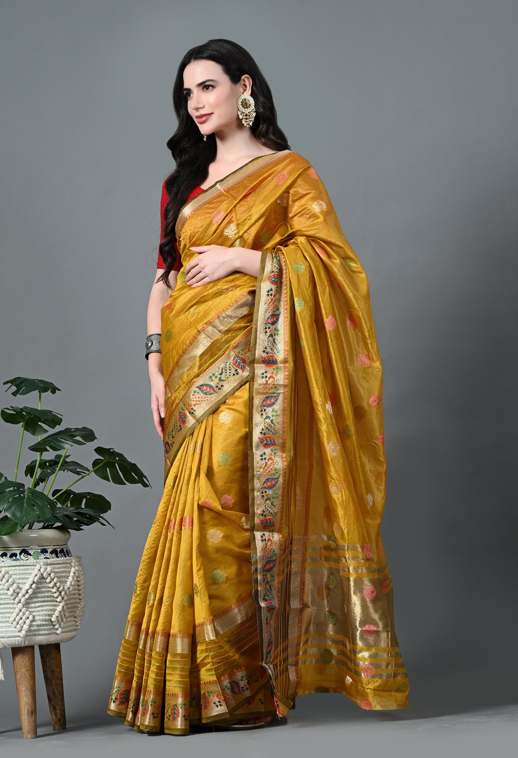 Yellow Woven Organza Saree