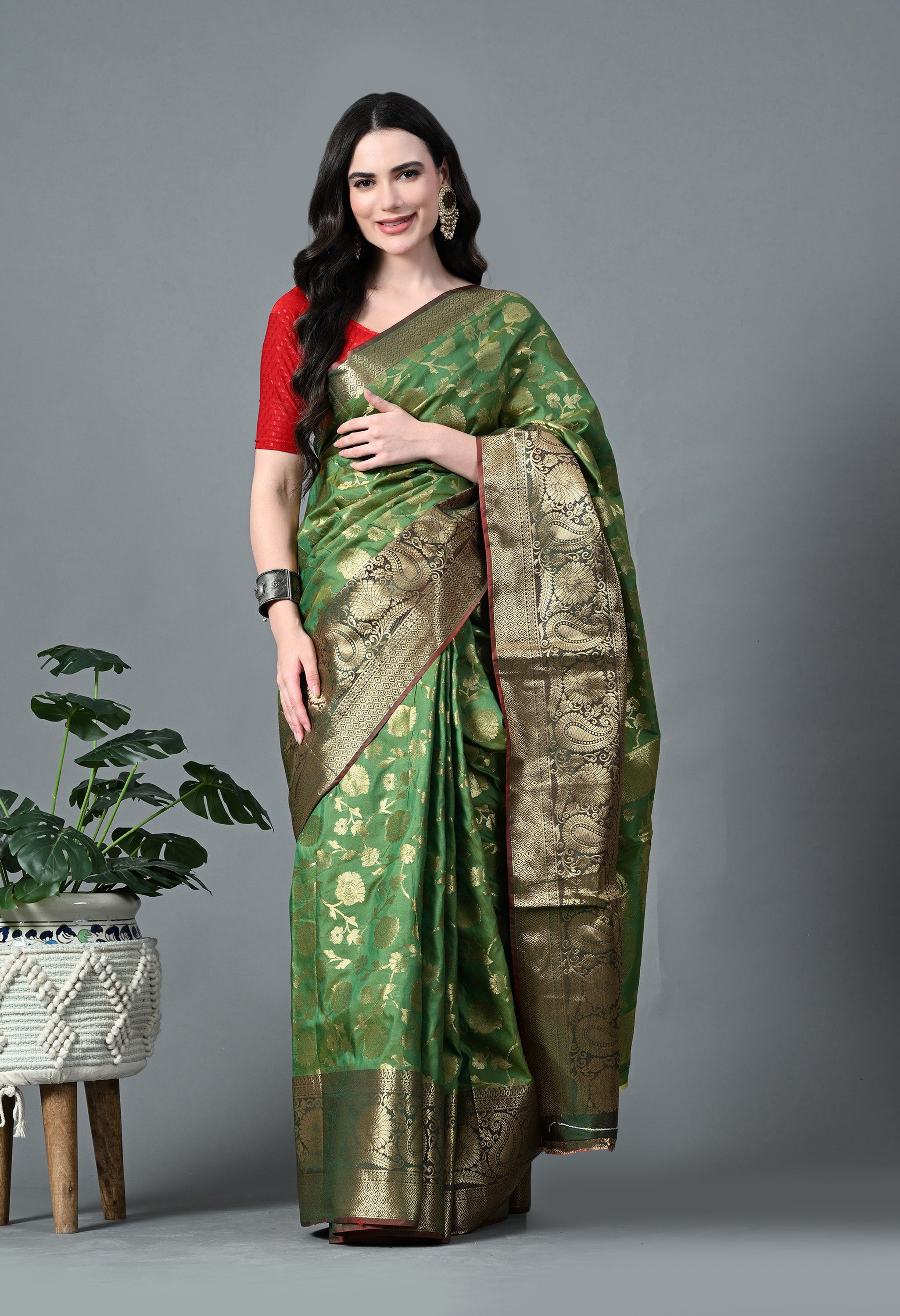 Forest Green Premium Silk with Dazzling Gold Zari Work