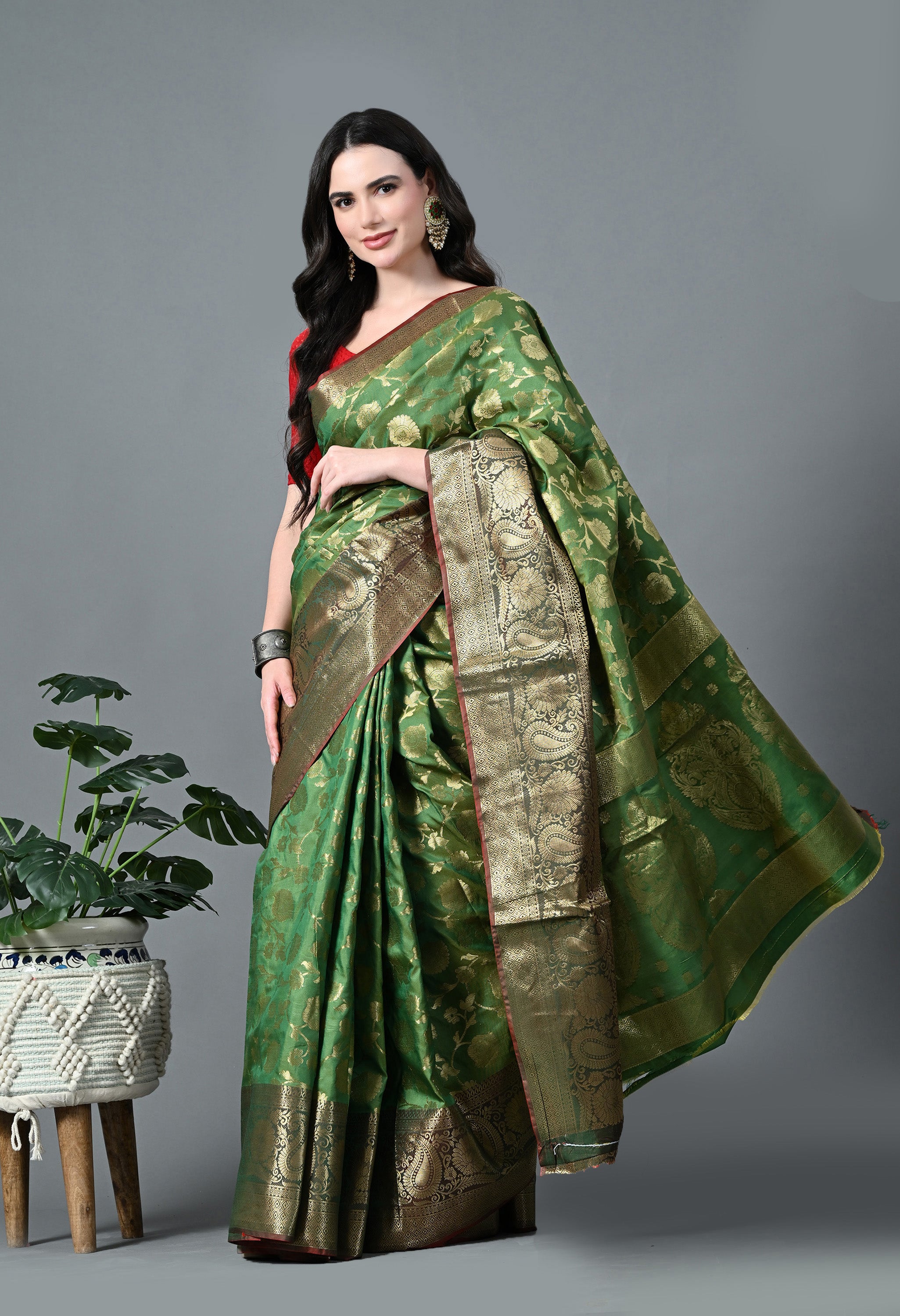 Forest Green Premium Silk with Dazzling Gold Zari Work