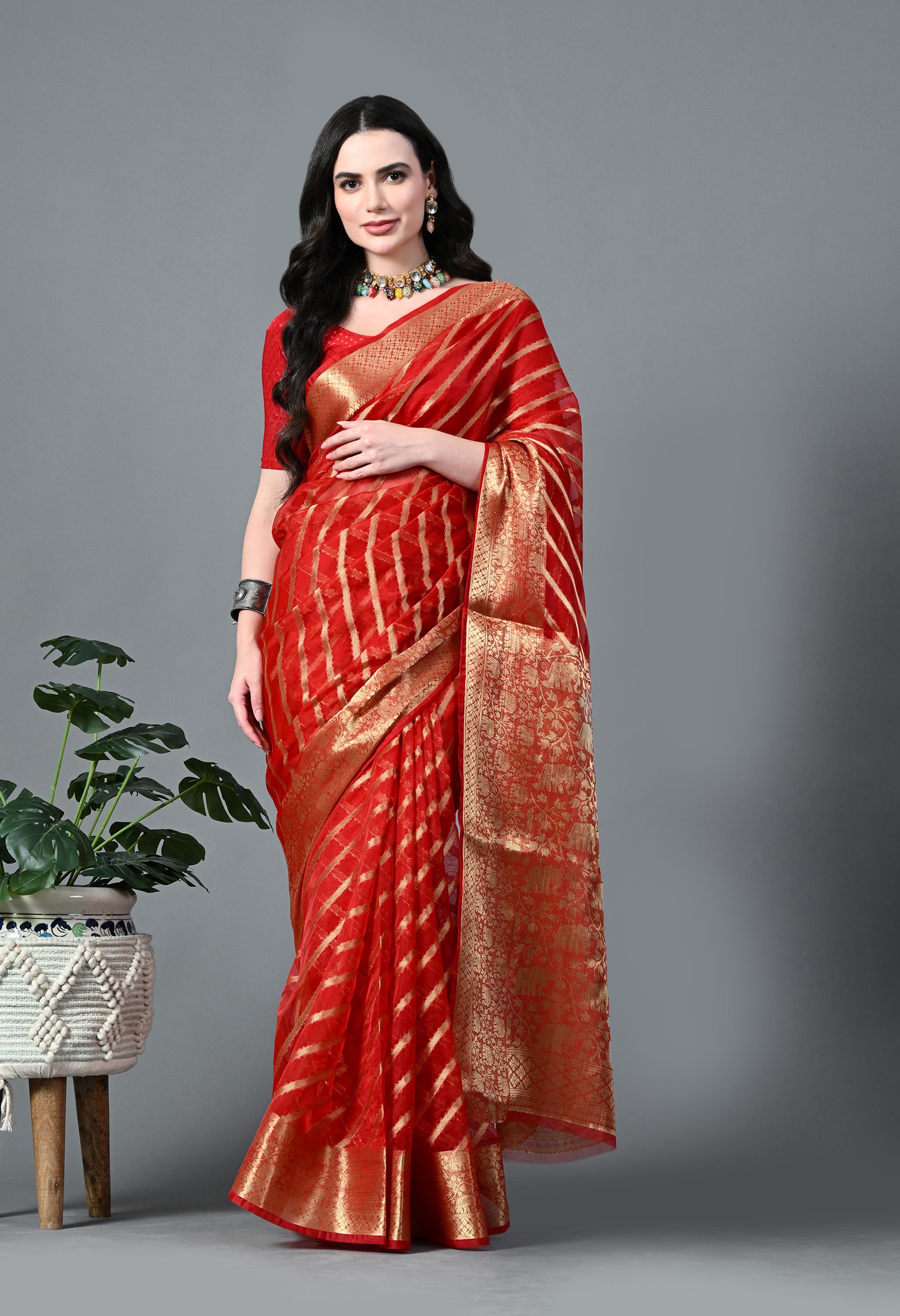 Red Lehariya Organza Saree