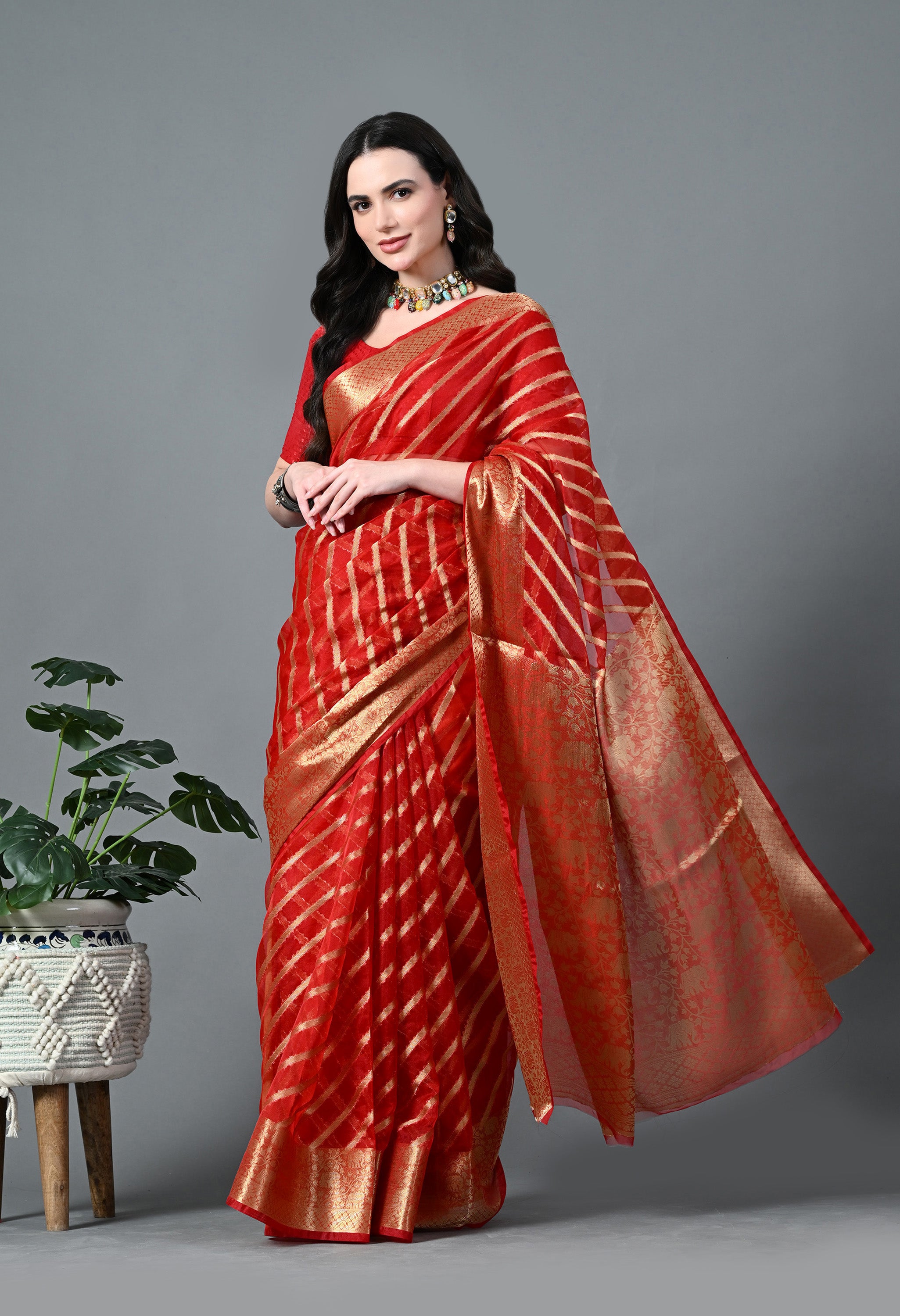 Red Lehariya Organza Saree