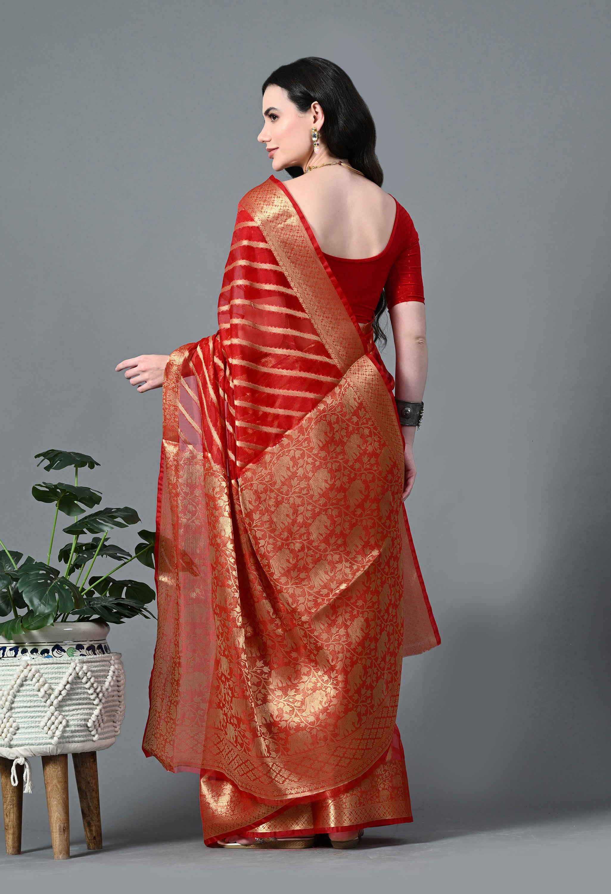 Red Lehariya Organza Saree