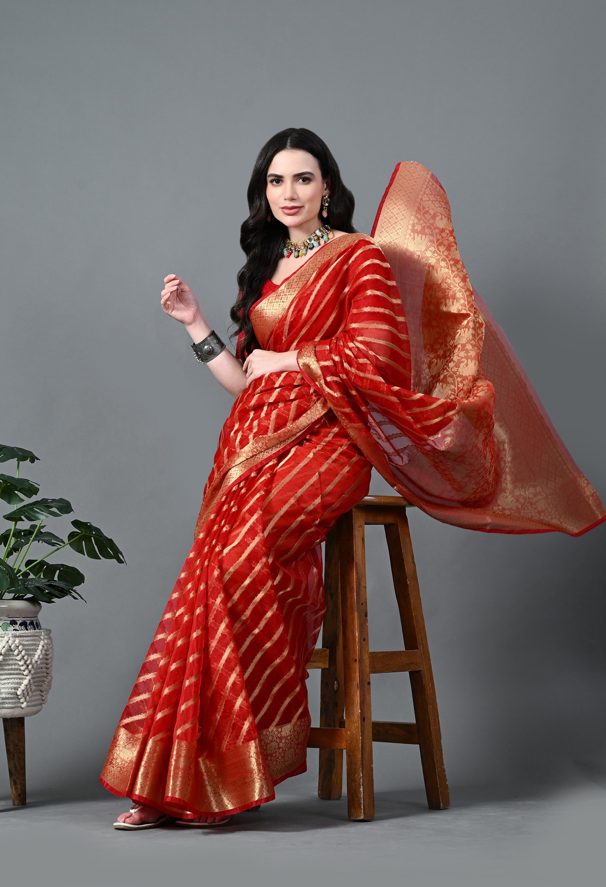 Red Lehariya Organza Saree