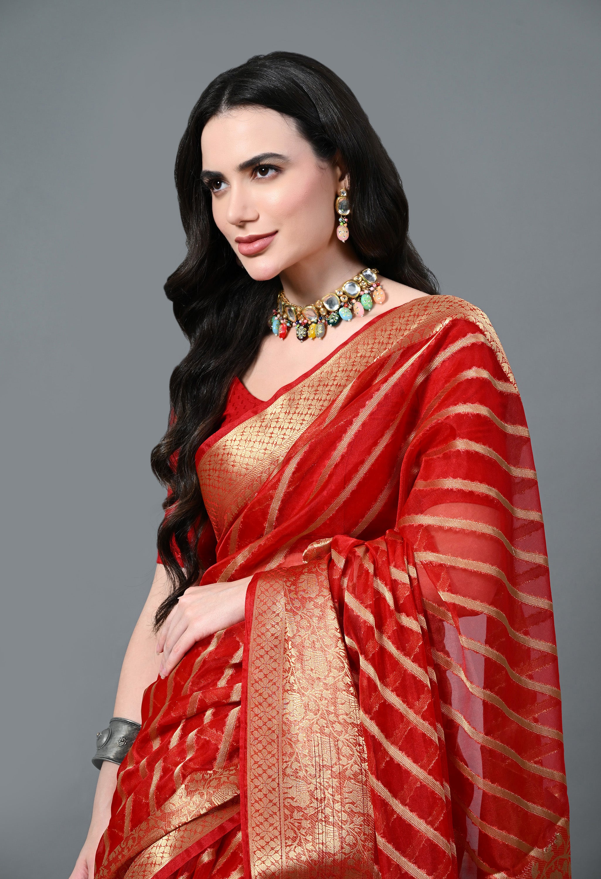 Red Lehariya Organza Saree