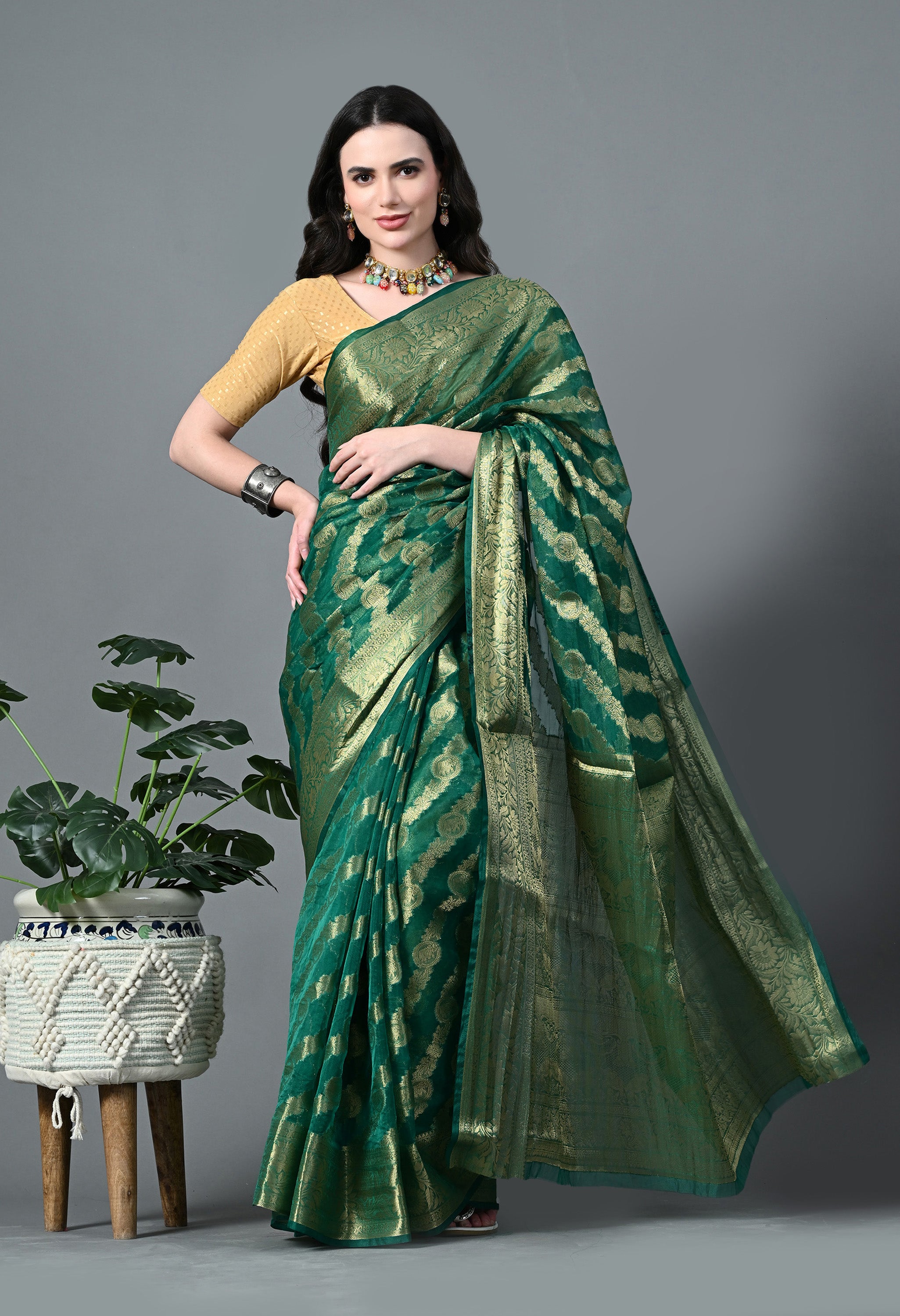 Emerald Green Organza with Lehariya Pattern in Gold