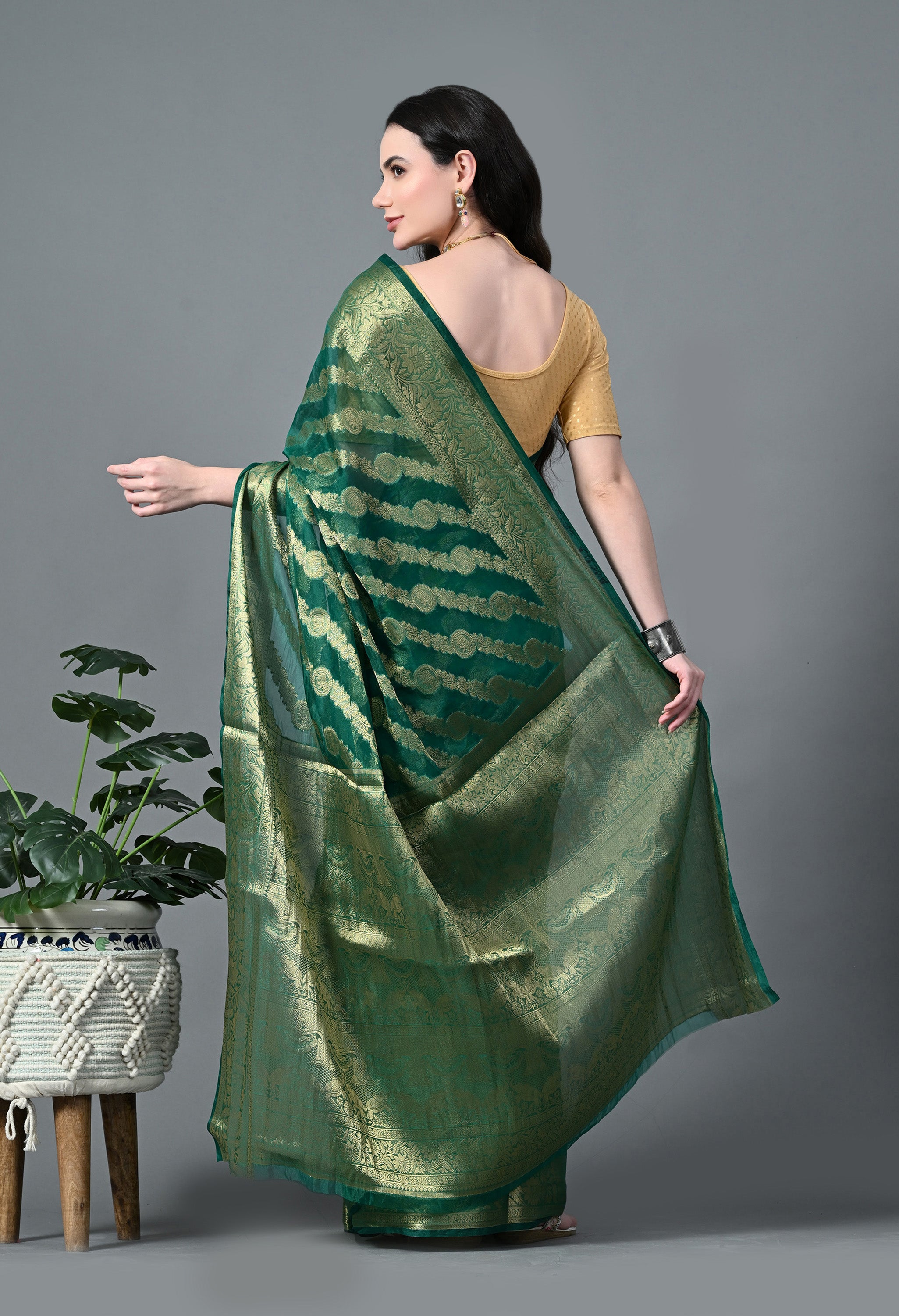 Emerald Green Organza with Lehariya Pattern in Gold