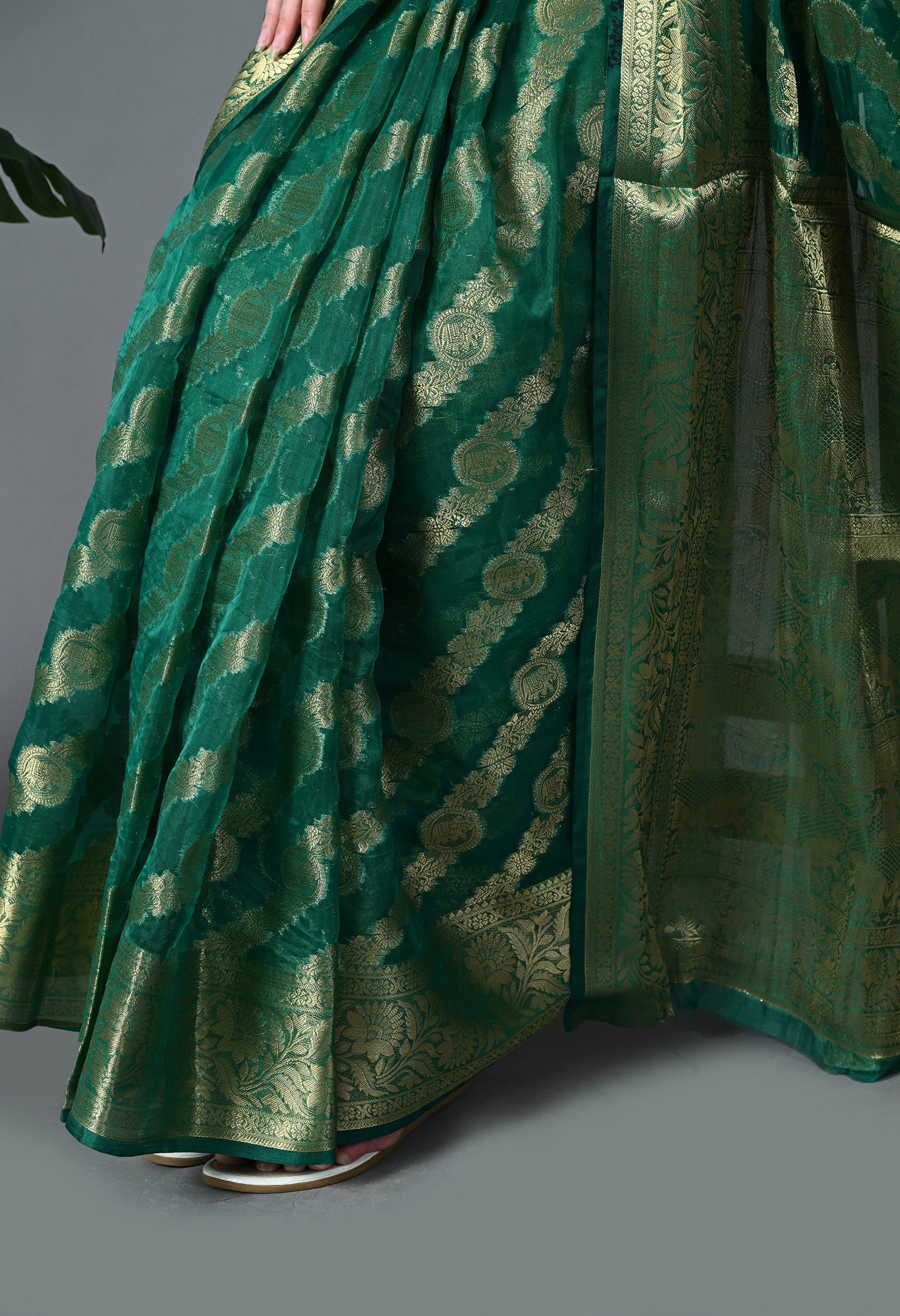 Emerald Green Organza with Lehariya Pattern in Gold