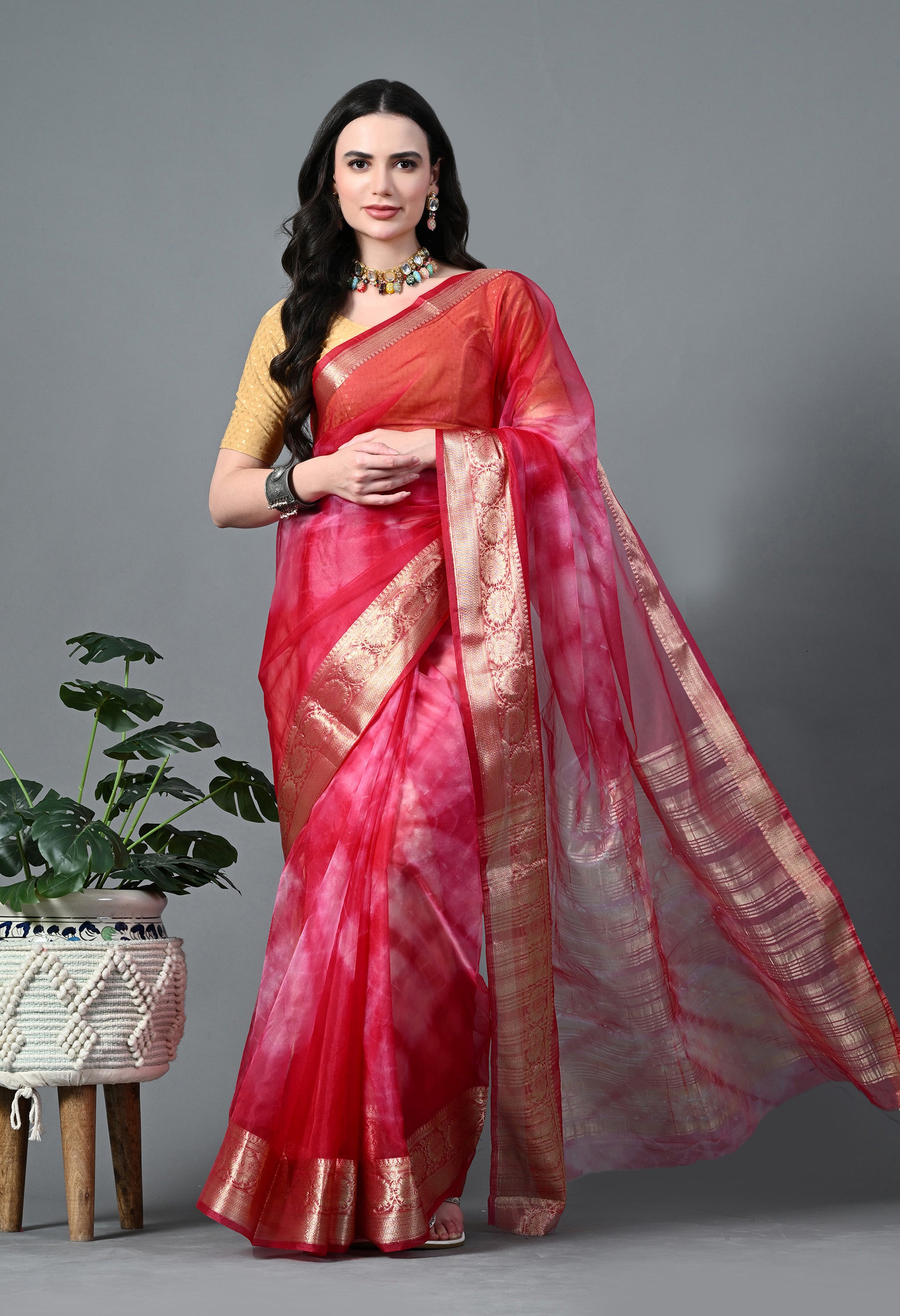 Pink Shibori Organza Saree