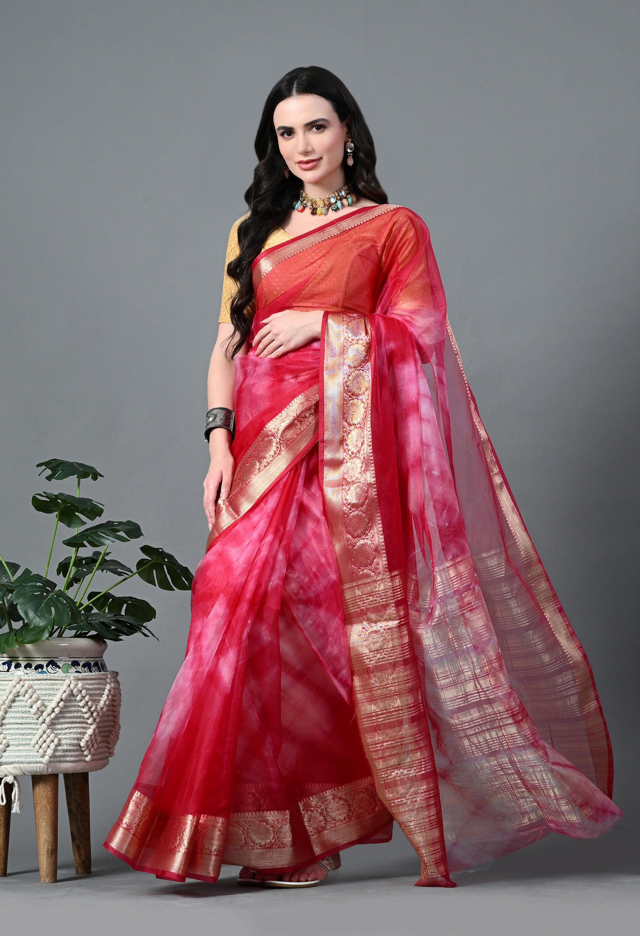 Pink Shibori Organza Saree