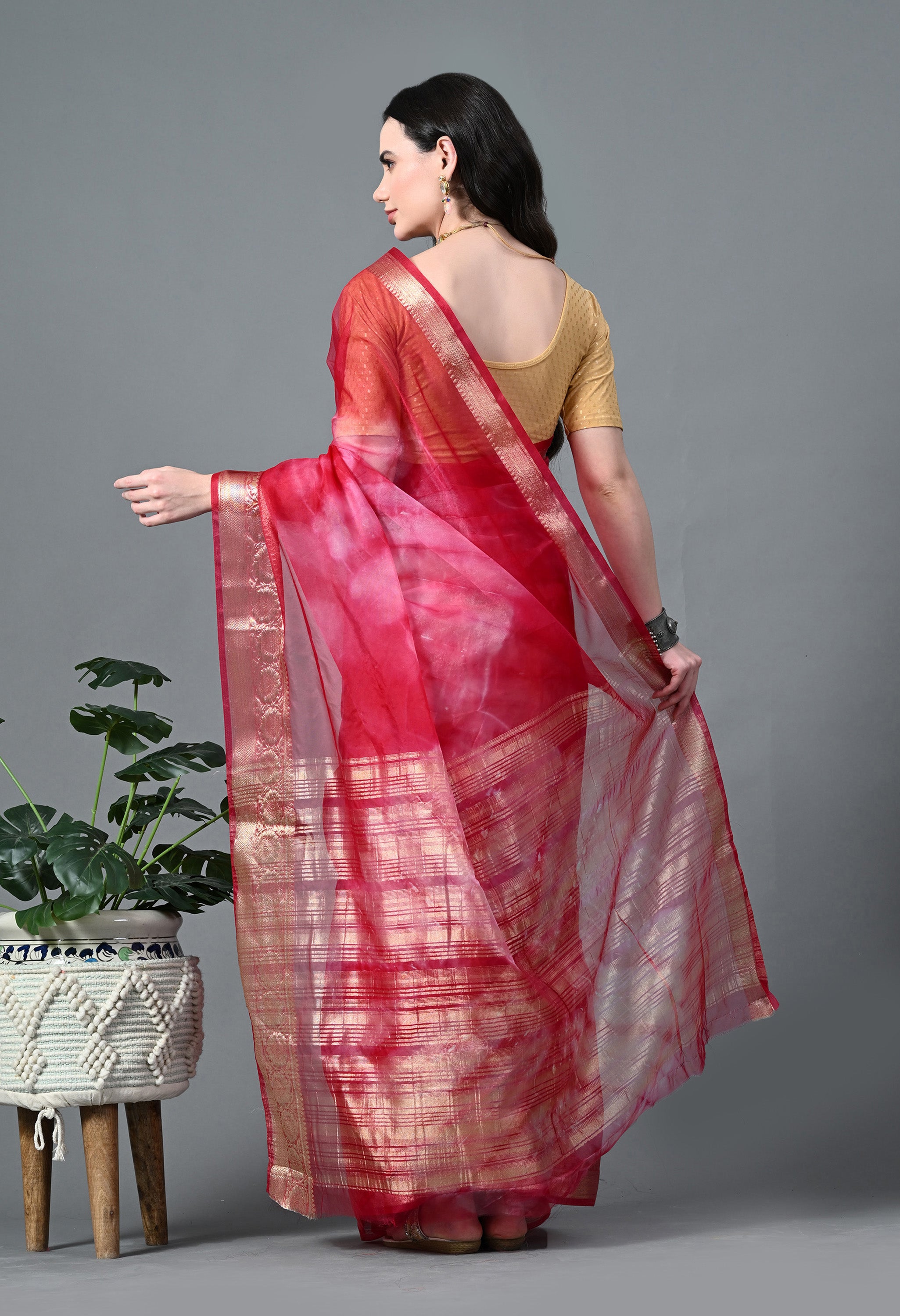 Pink Shibori Organza Saree