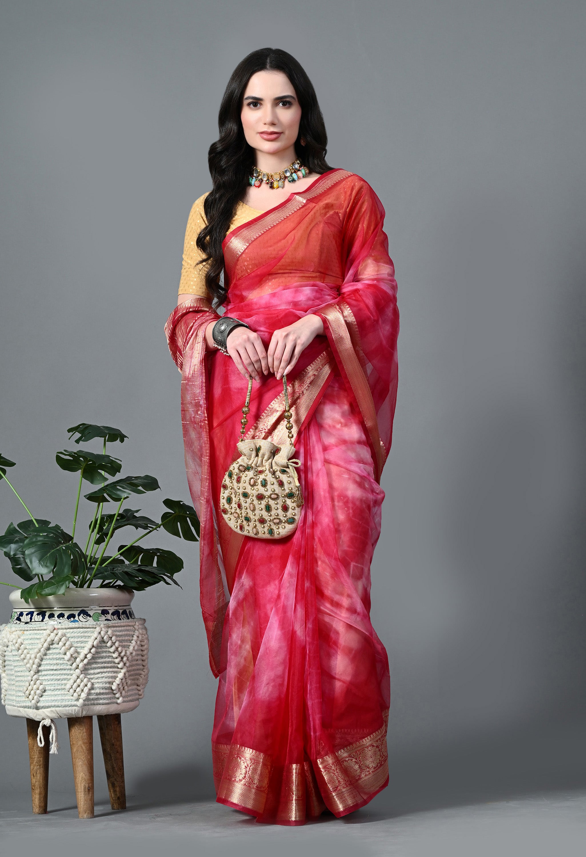 Pink Shibori Organza Saree