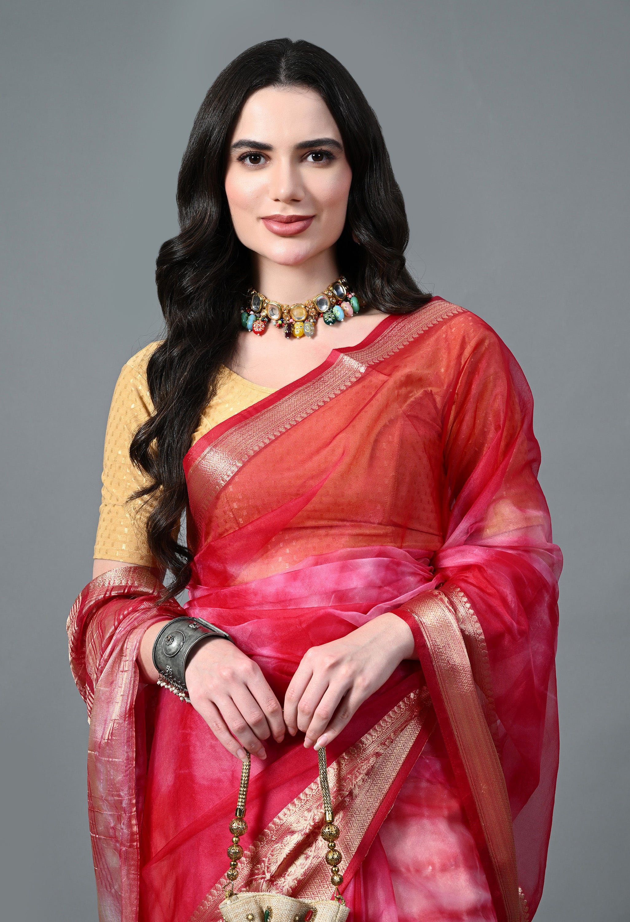 Pink Shibori Organza Saree