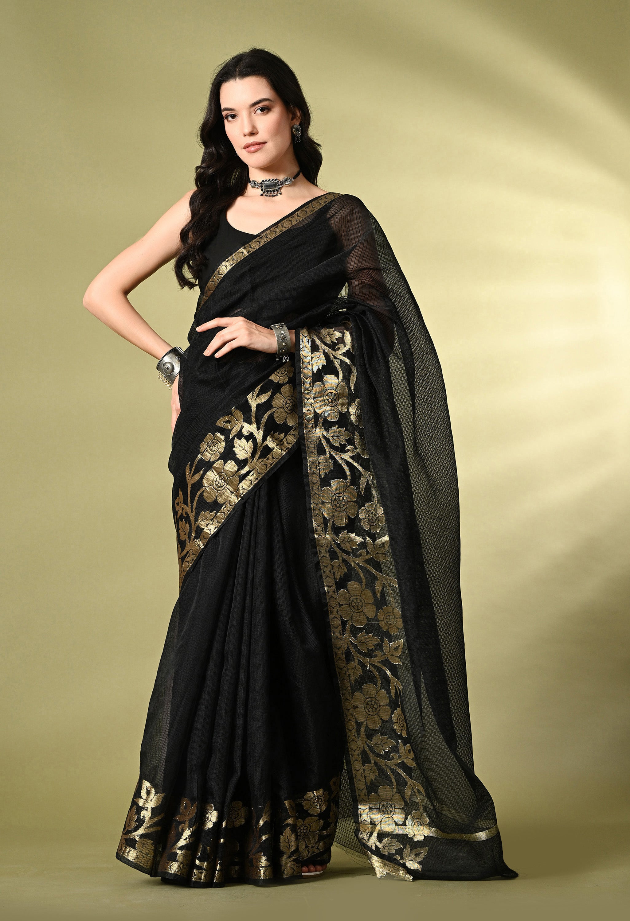 Smoky Black Cotton with Gold Zari Border