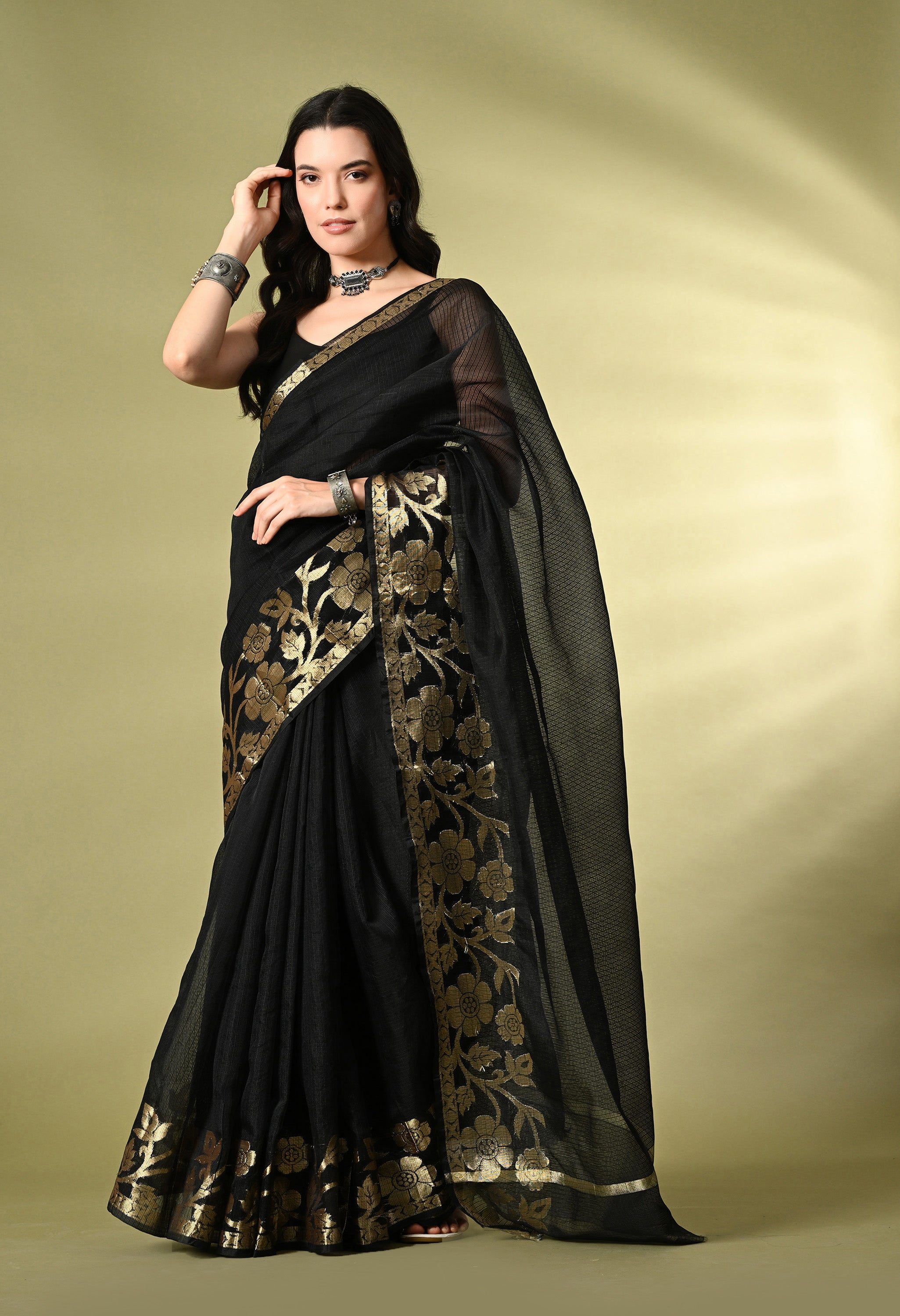 Smoky Black Cotton with Gold Zari Border