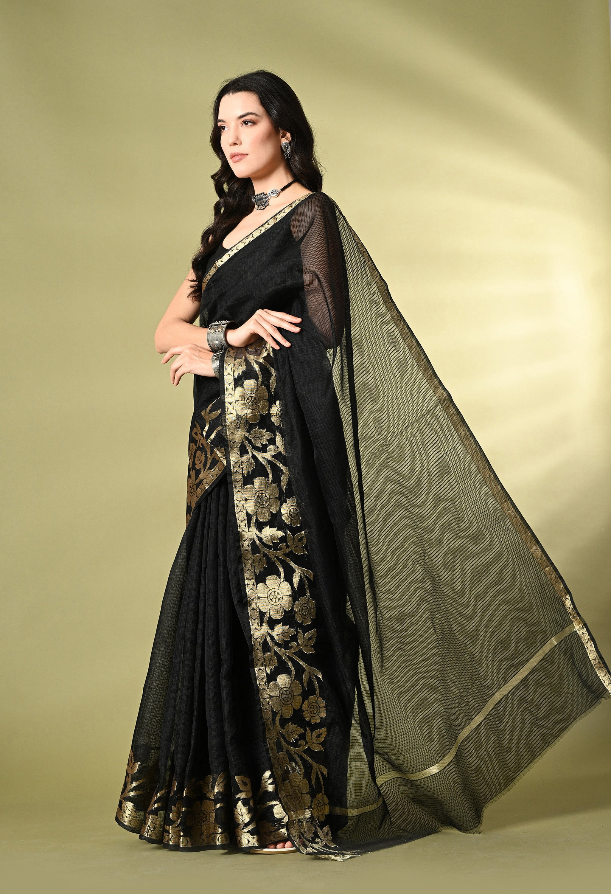 Smoky Black Cotton with Gold Zari Border