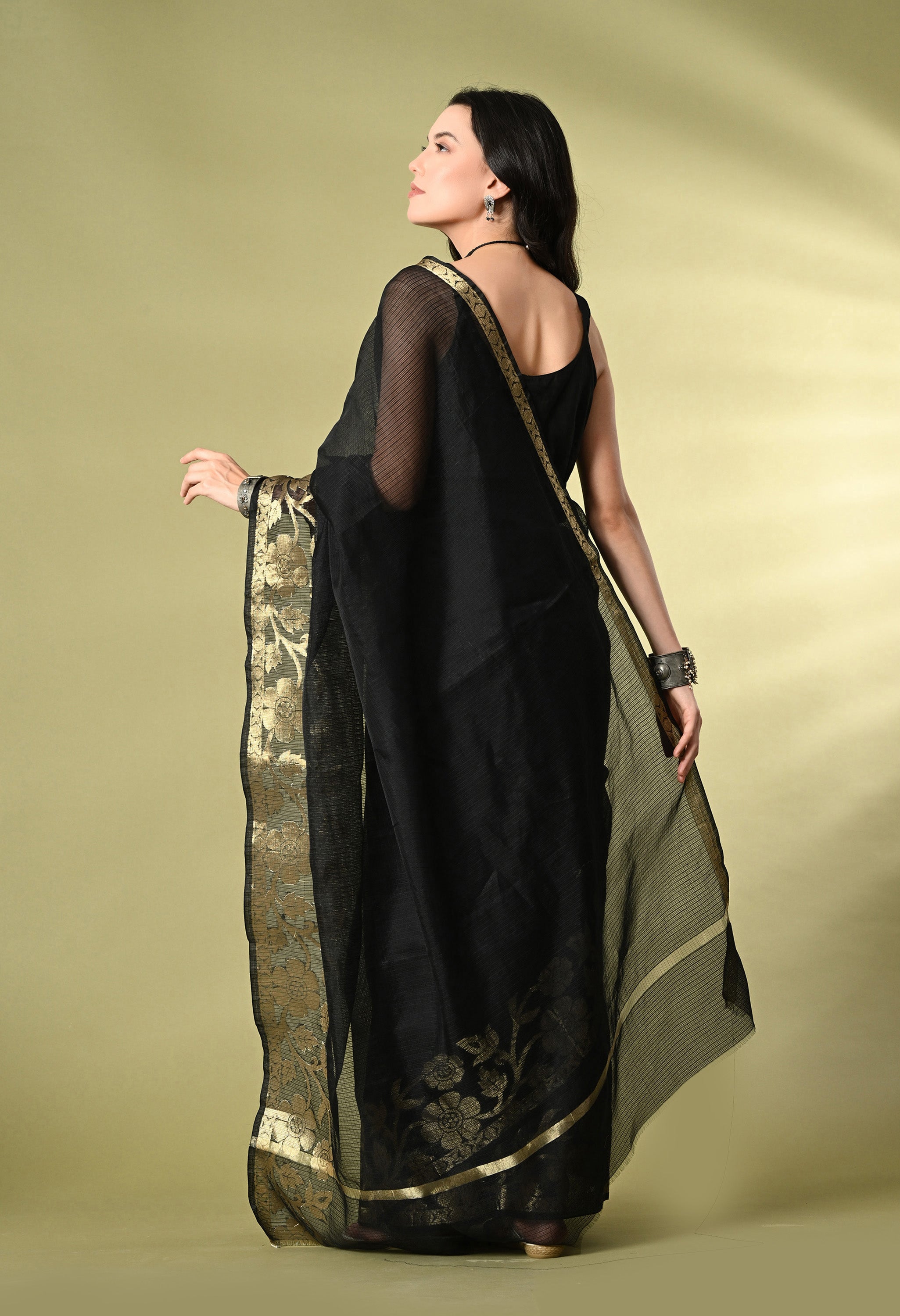 Smoky Black Cotton with Gold Zari Border