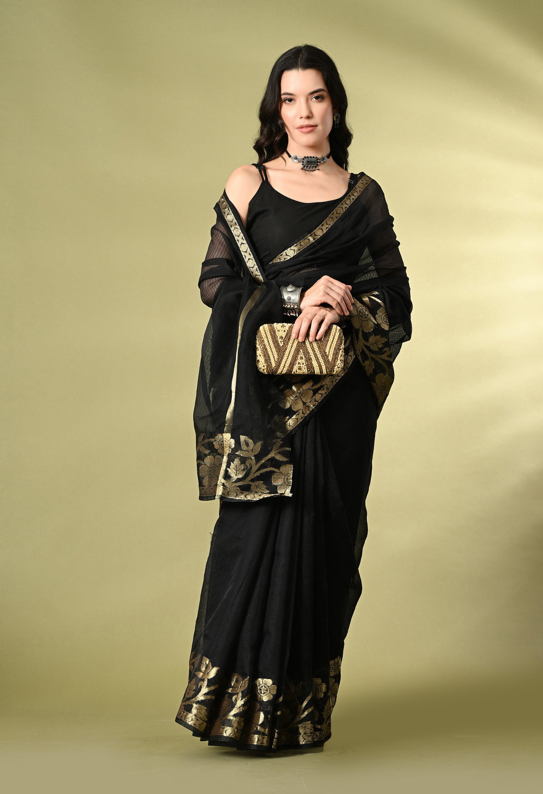 Smoky Black Cotton with Gold Zari Border