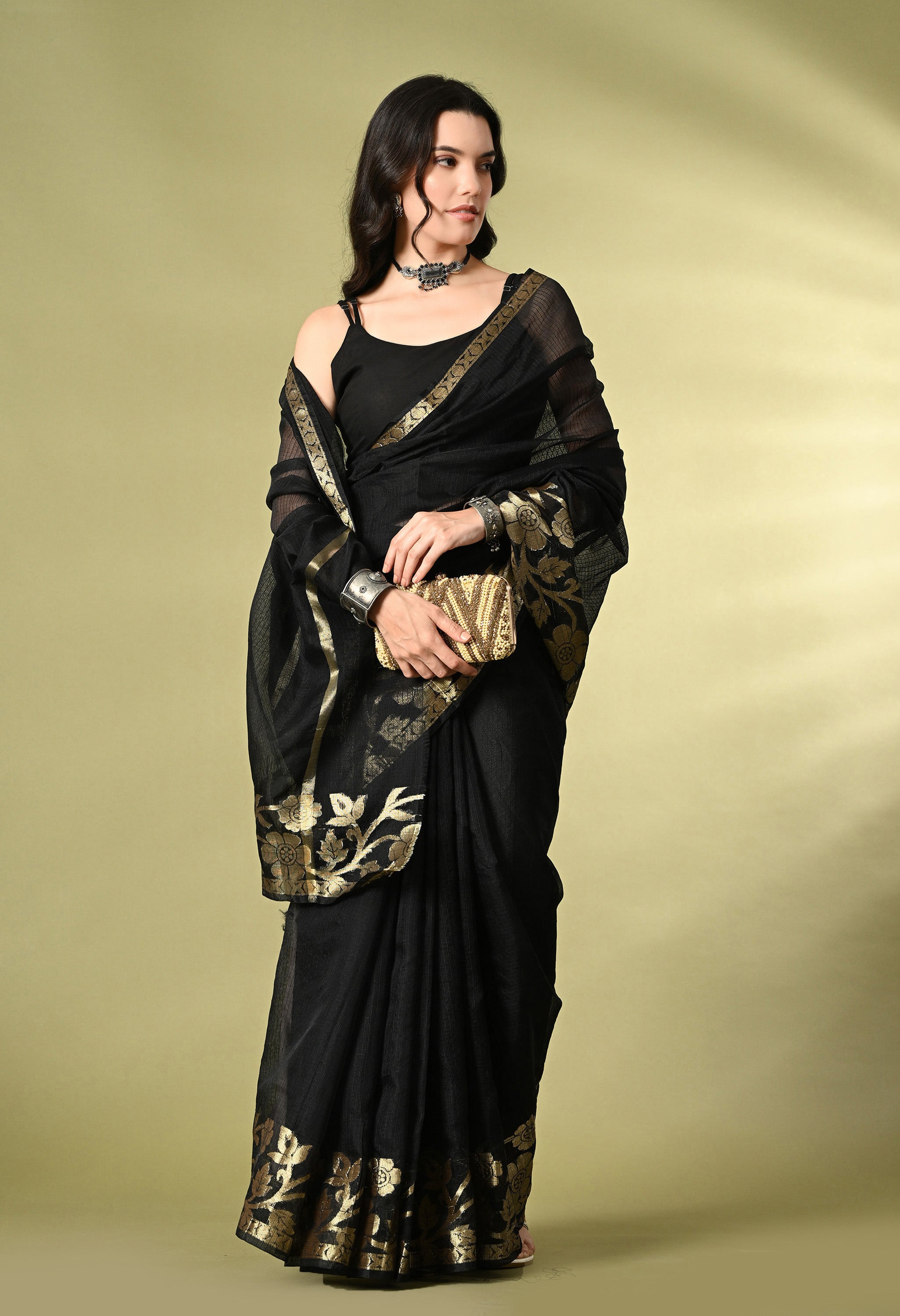 Smoky Black Cotton with Gold Zari Border