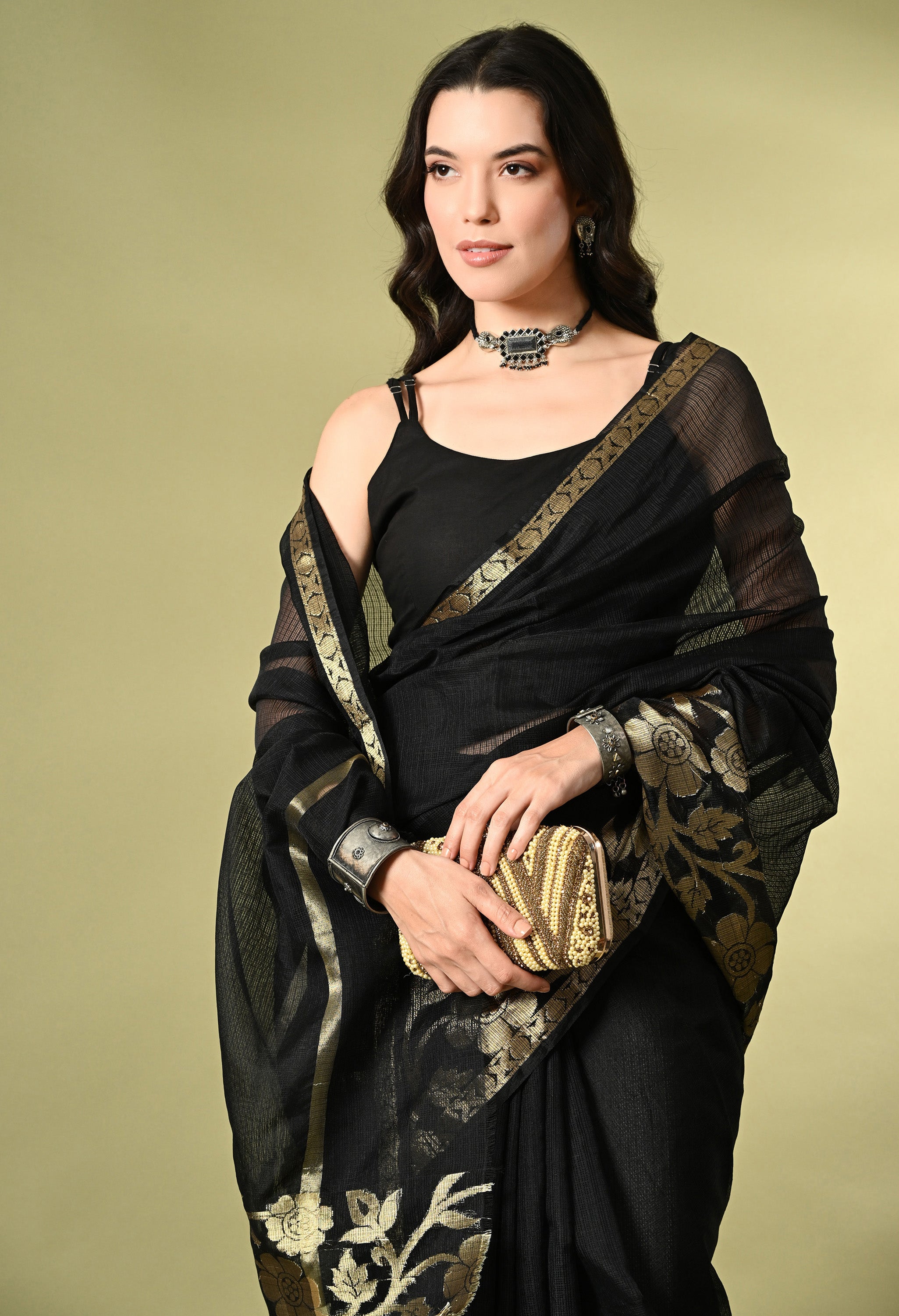 Smoky Black Cotton with Gold Zari Border