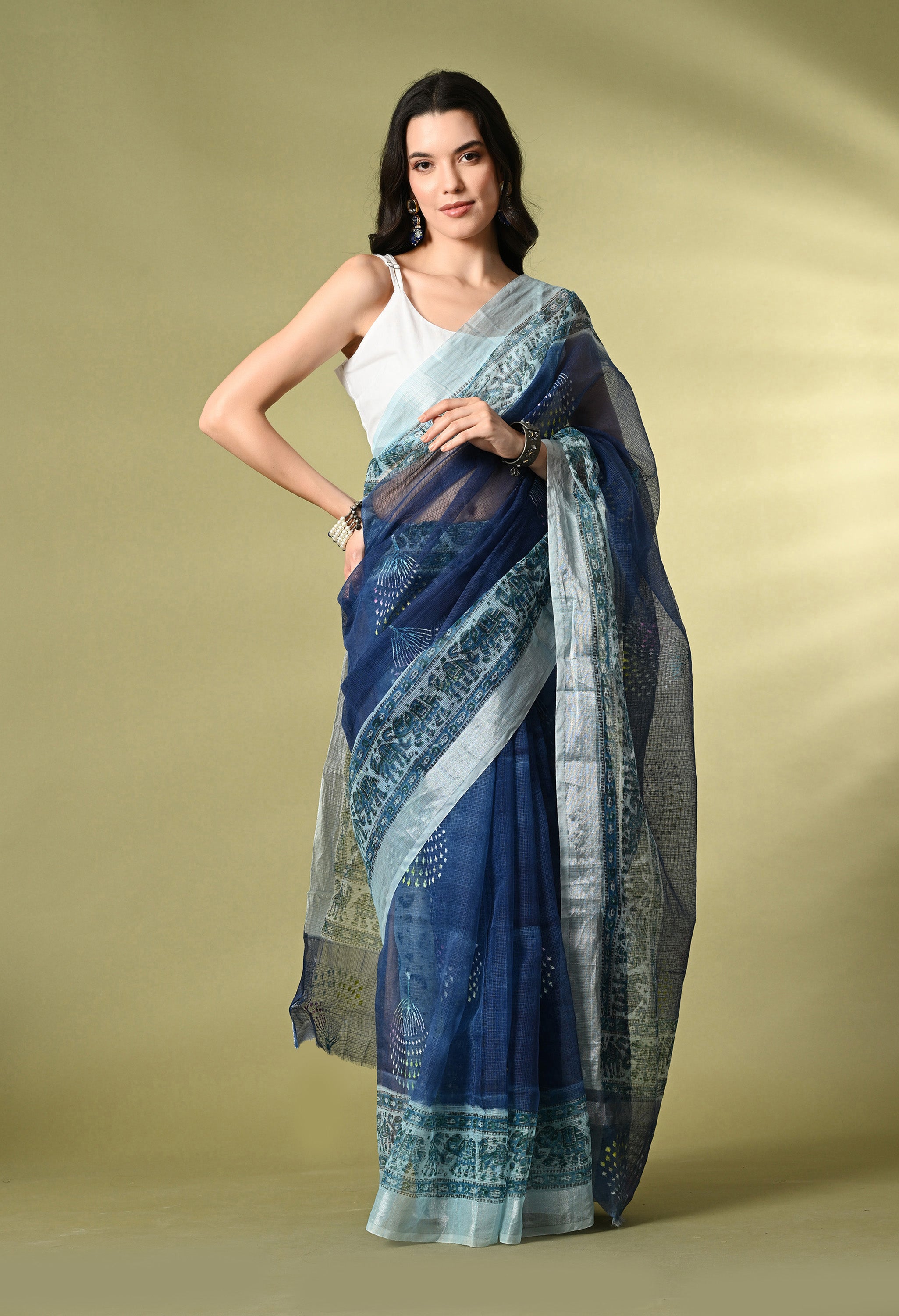 Navy Blue Kota Doria with Border Saree