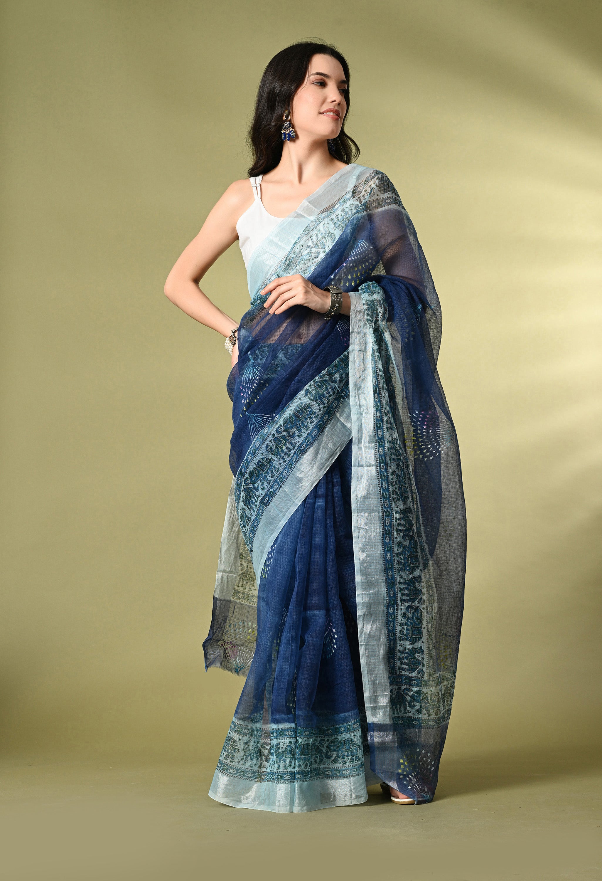 Navy Blue Kota Doria with Border Saree