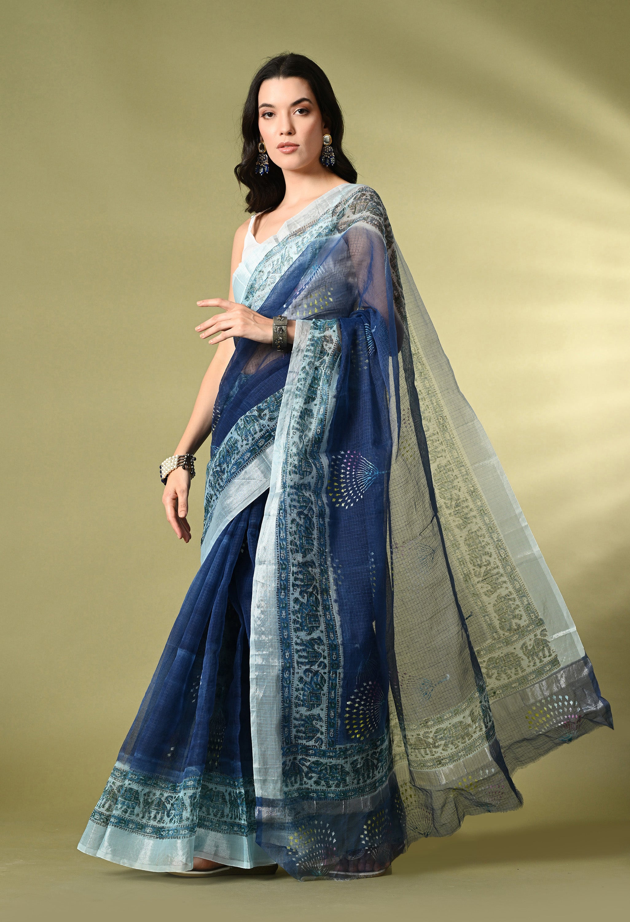 Navy Blue Kota Doria with Border Saree